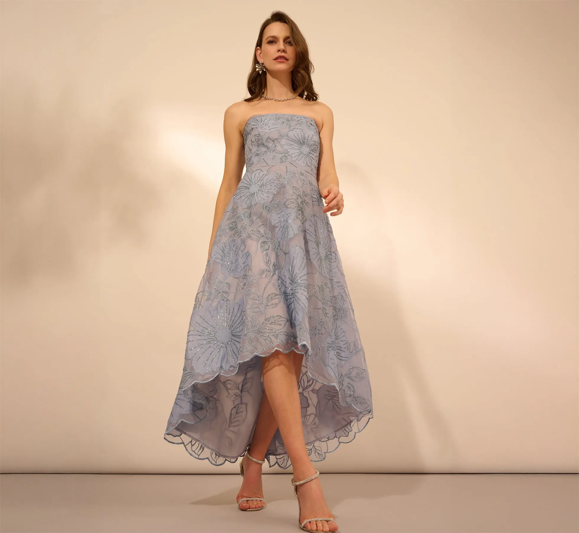Strapless Floral Embroidered High Low Midi Dress In Blue Cloud sold by Adrianna Papell