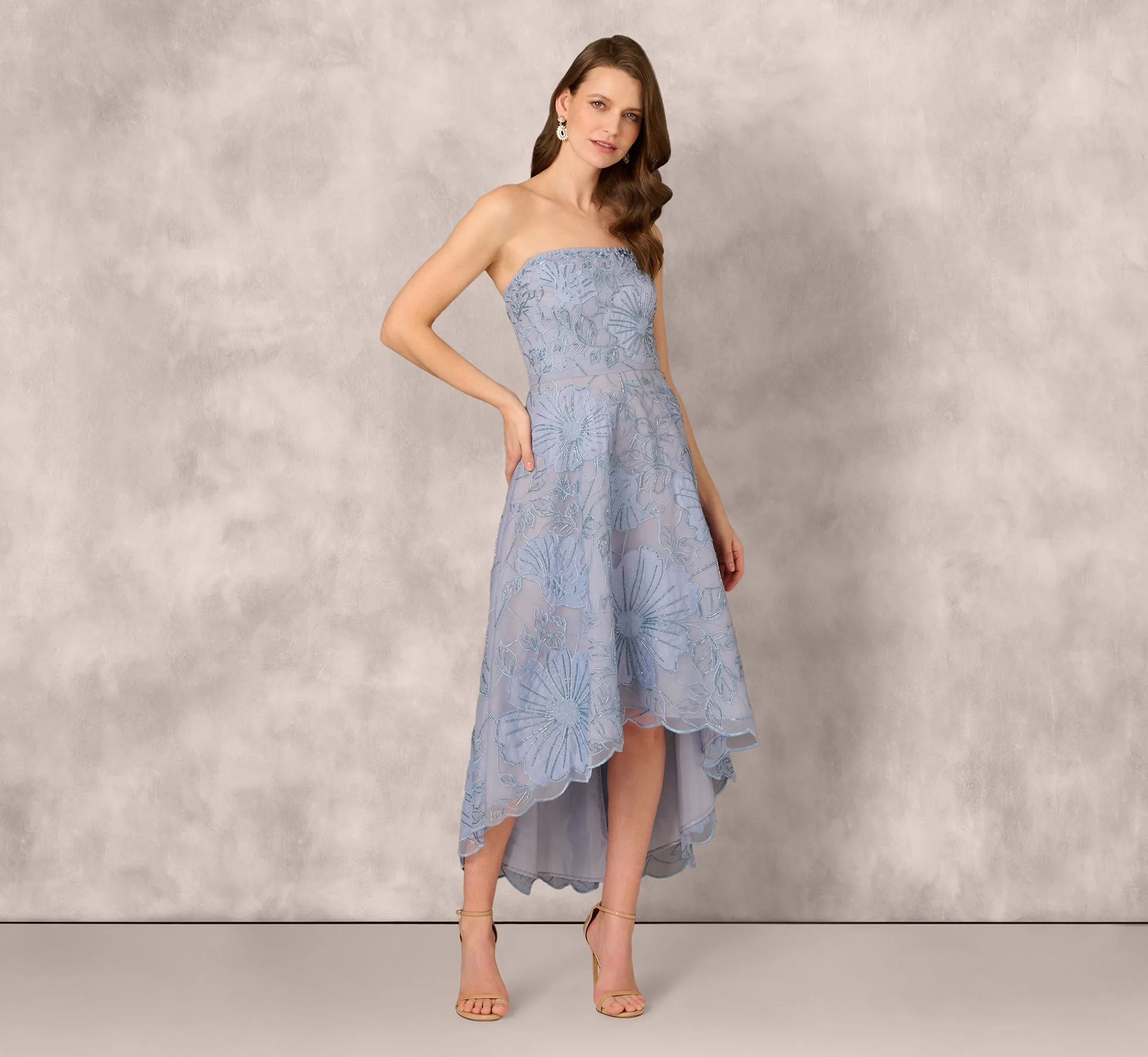 Strapless Floral Embroidered High Low Midi Dress In Blue Cloud sold by Adrianna Papell product image thumbnail 3