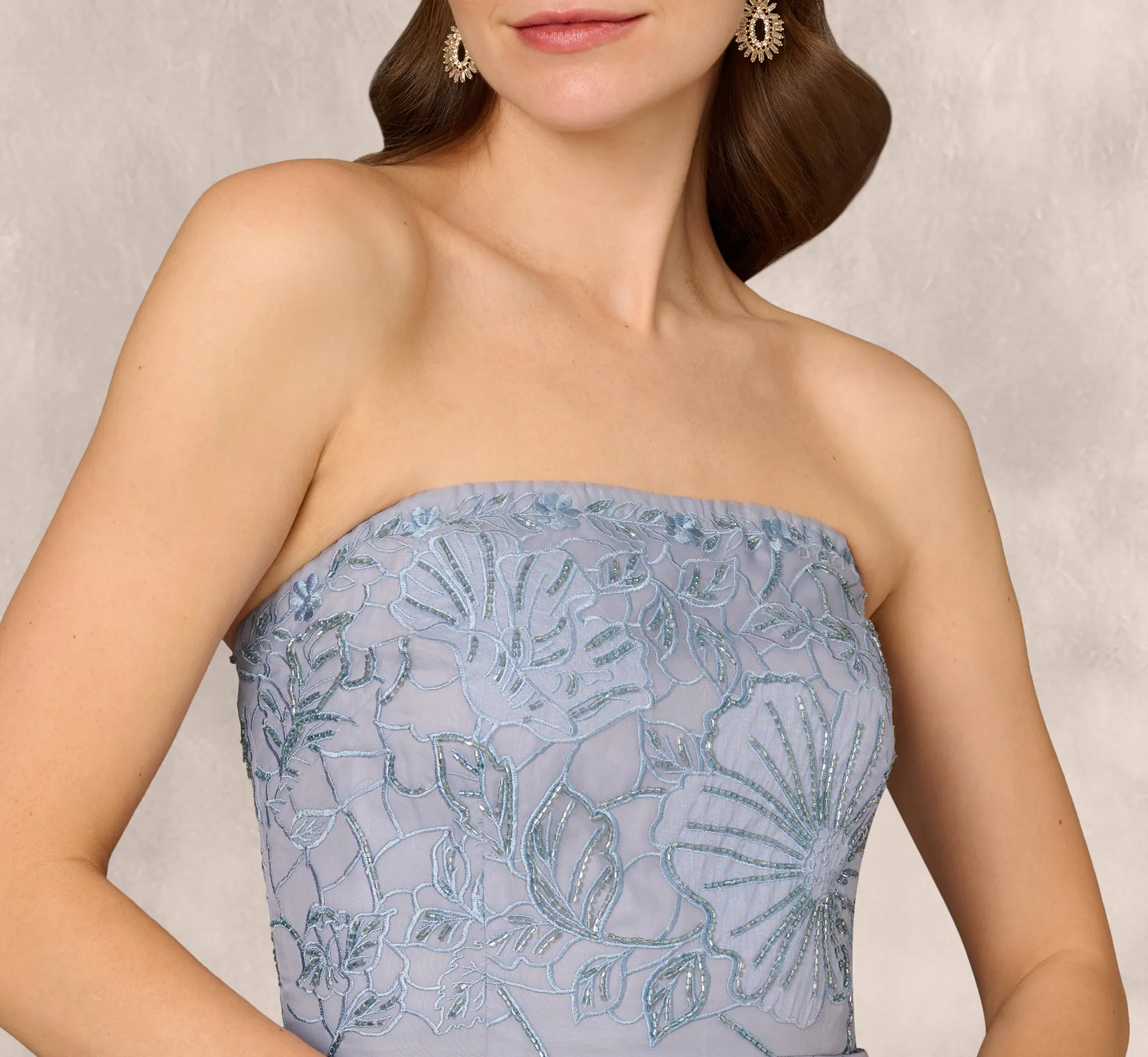 Strapless Floral Embroidered High Low Midi Dress In Blue Cloud sold by Adrianna Papell product image thumbnail 5