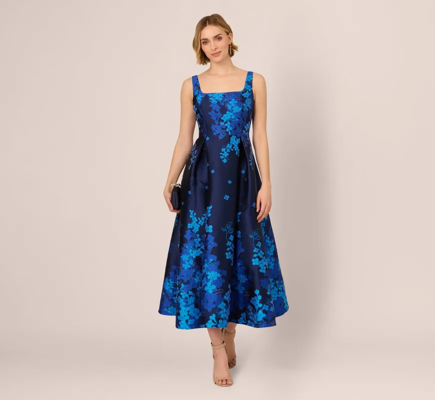 Sleeveless Square Neck Floral Jacquard Midi Dress In Blue Multi sold by Adrianna Papell