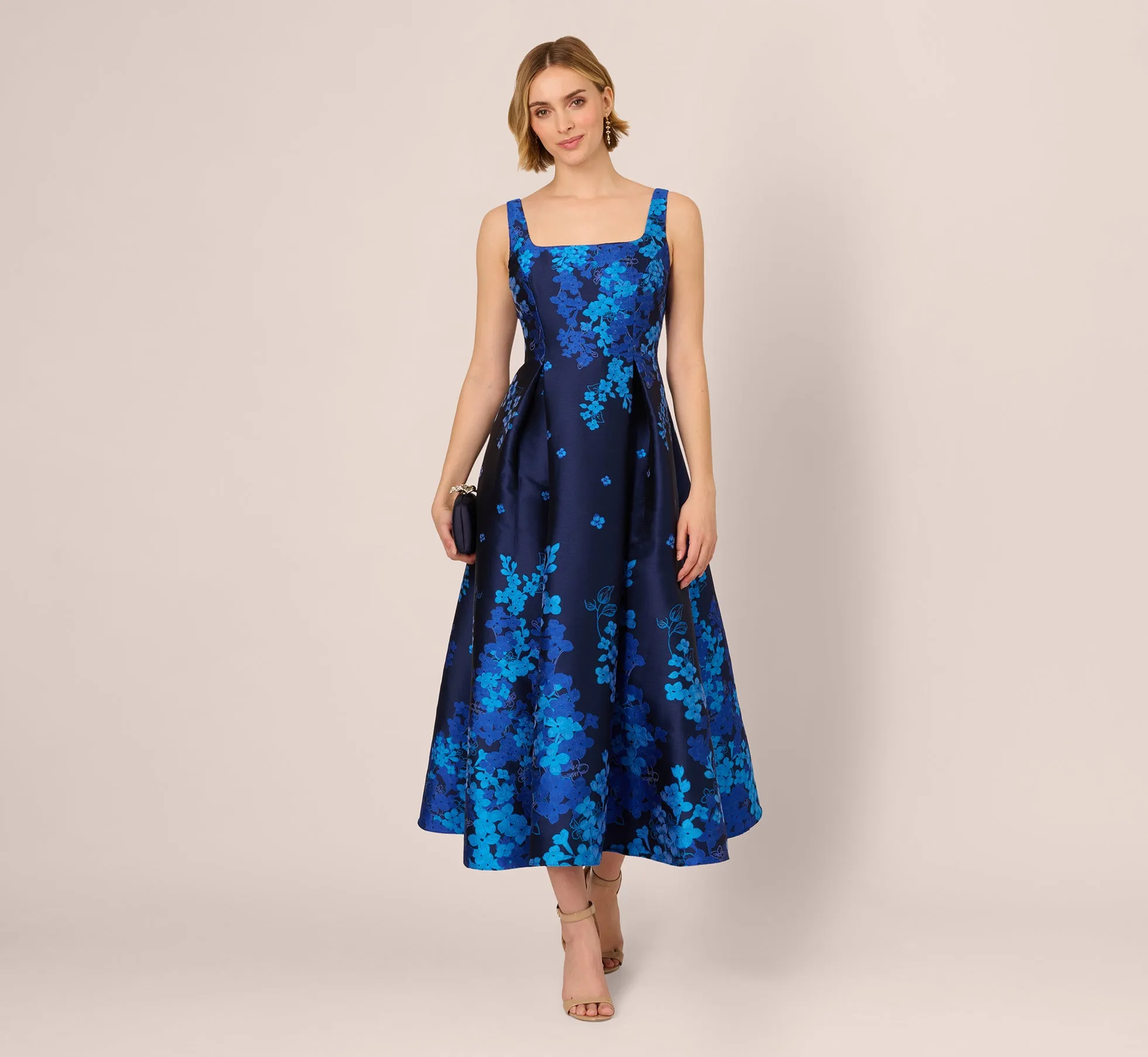 Sleeveless Square Neck Floral Jacquard Midi Dress In Blue Multi sold by Adrianna Papell