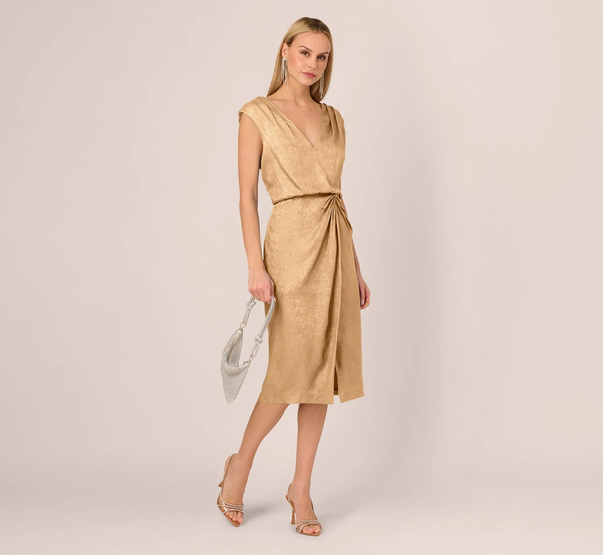 Foil Blouson Midi Dress With Faux Wrap Skirt In Light Gold sold by Adrianna Papell