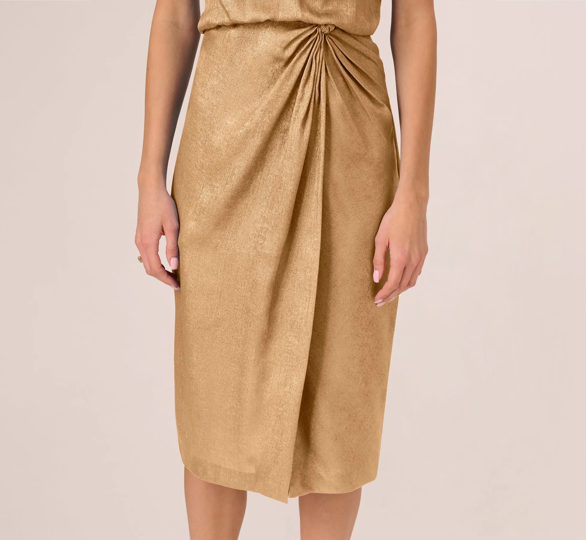 Foil Blouson Midi Dress With Faux Wrap Skirt In Light Gold sold by Adrianna Papell product image thumbnail 4