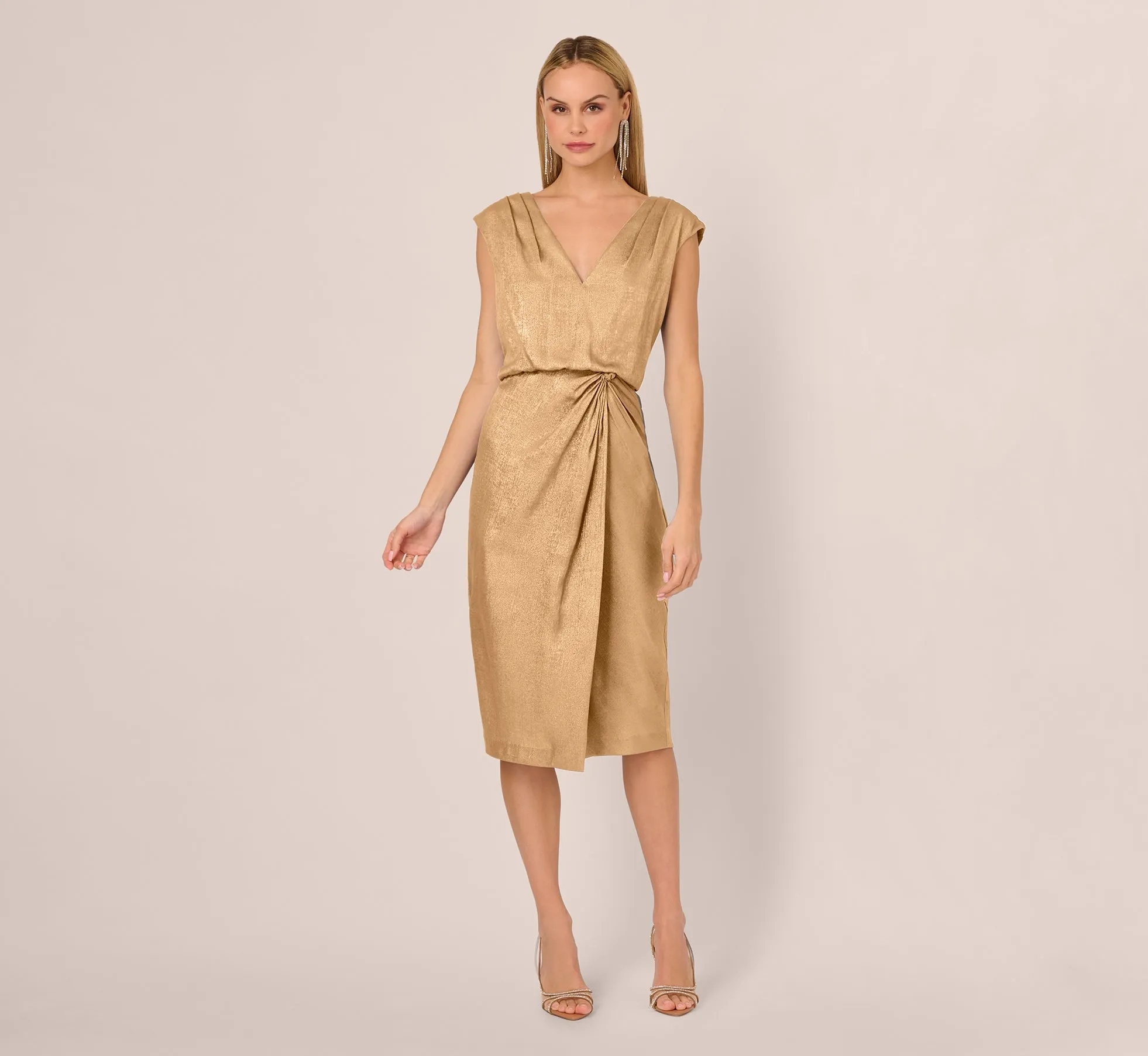 Foil Blouson Midi Dress With Faux Wrap Skirt In Light Gold sold by Adrianna Papell product image thumbnail 2