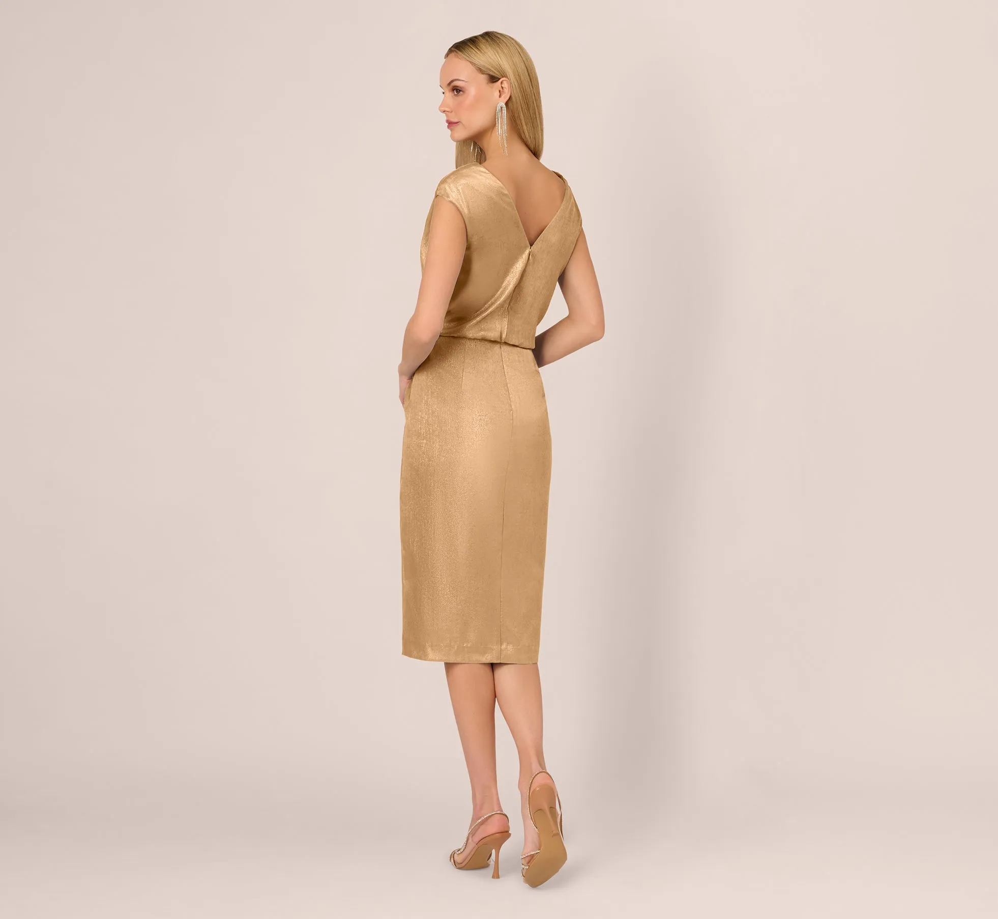 Foil Blouson Midi Dress With Faux Wrap Skirt In Light Gold sold by Adrianna Papell product image thumbnail 5