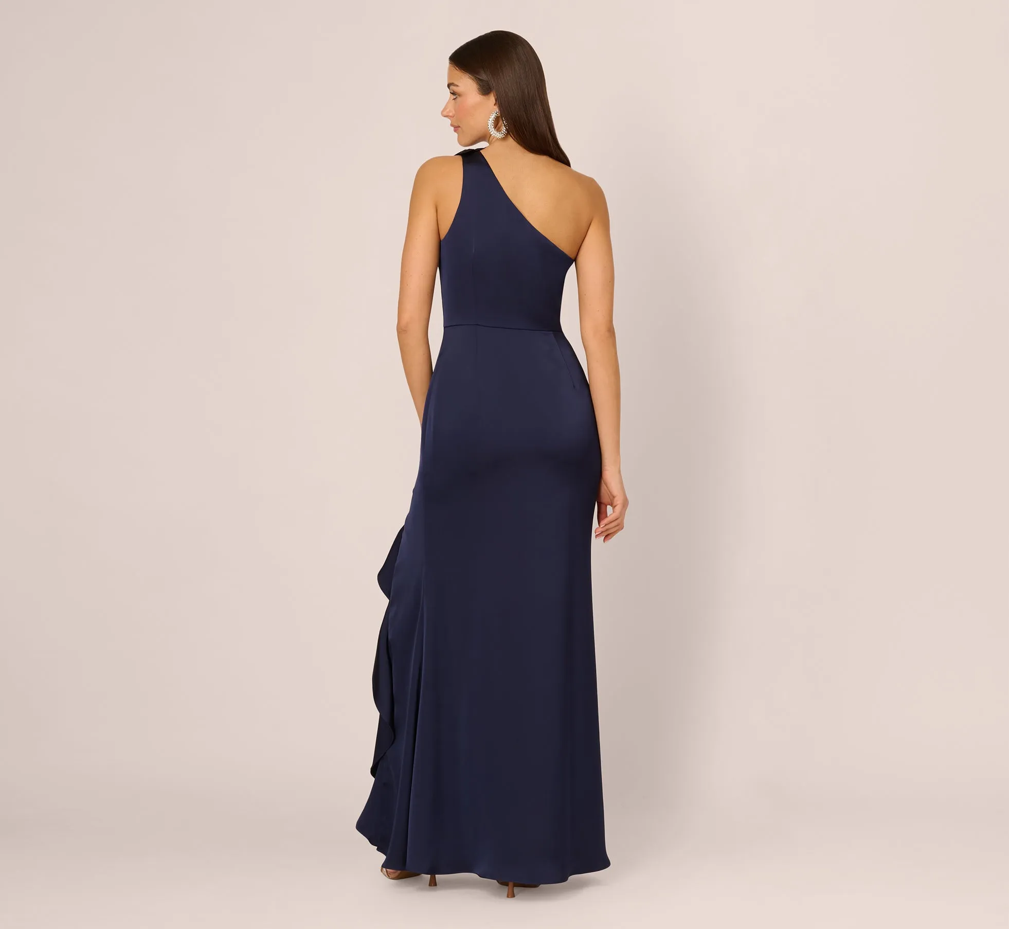 One Shoulder Satin Floral Applique Gown In Dark Navy sold by Adrianna Papell product image thumbnail 5