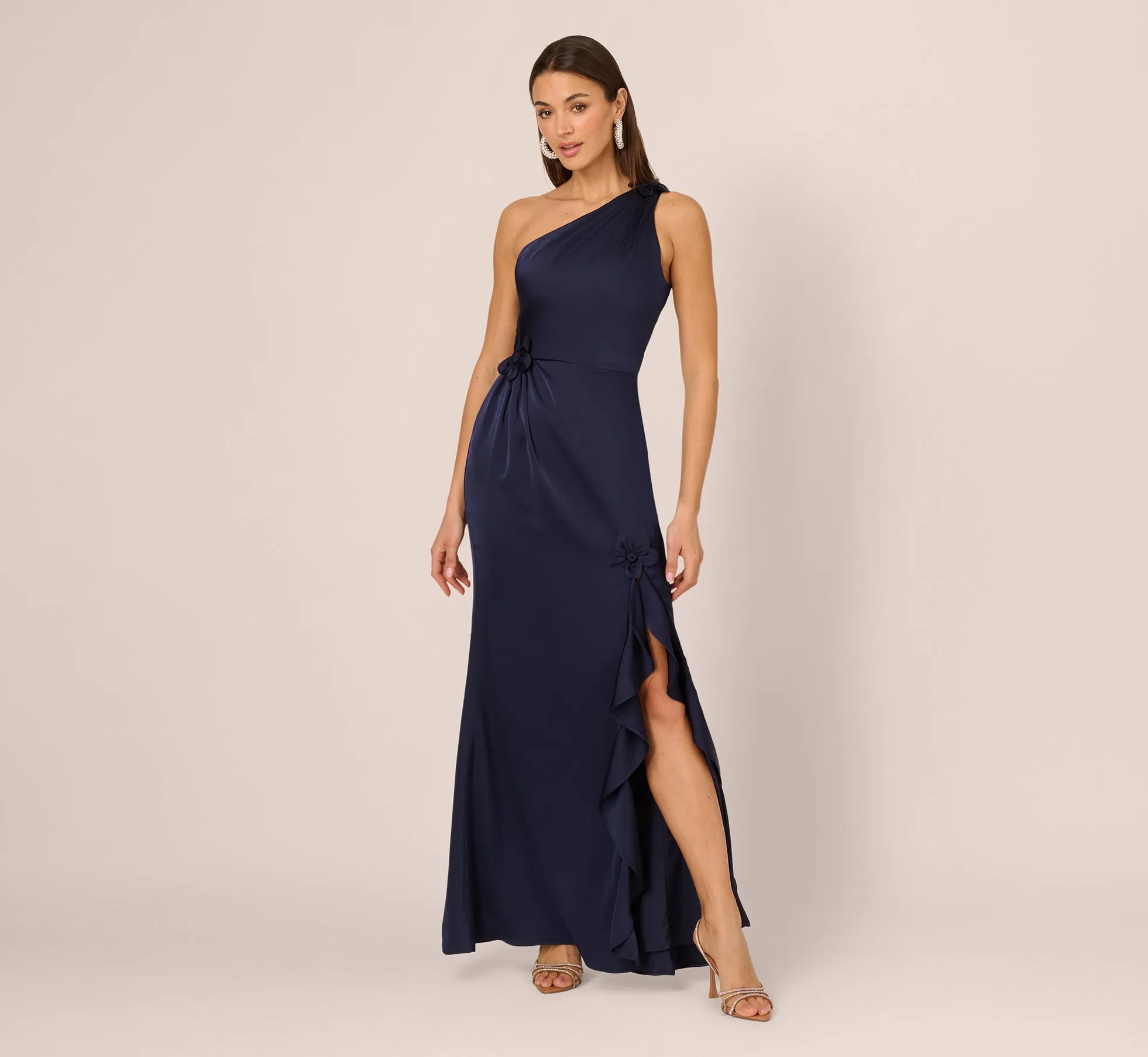 One Shoulder Satin Floral Applique Gown In Dark Navy sold by Adrianna Papell product image thumbnail 2