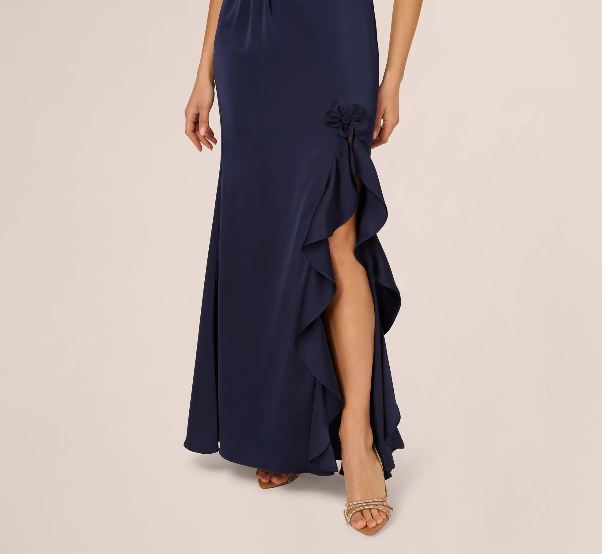 One Shoulder Satin Floral Applique Gown In Dark Navy sold by Adrianna Papell product image thumbnail 4