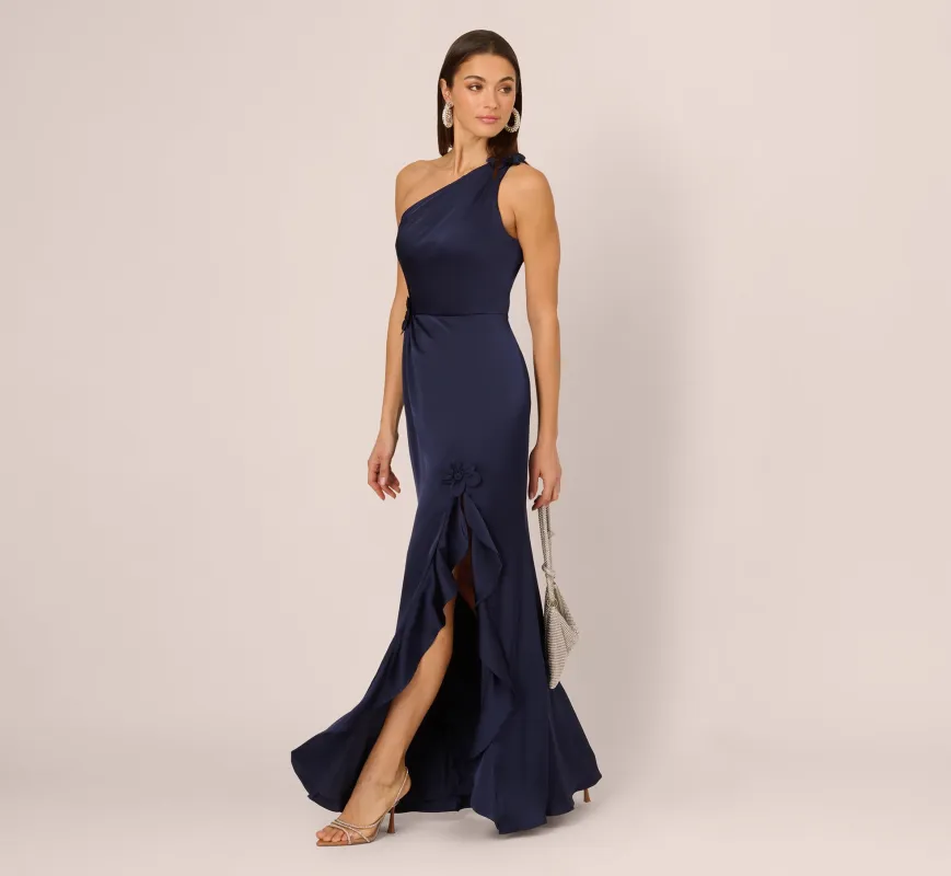 One Shoulder Satin Floral Applique Gown In Dark Navy sold by Adrianna Papell