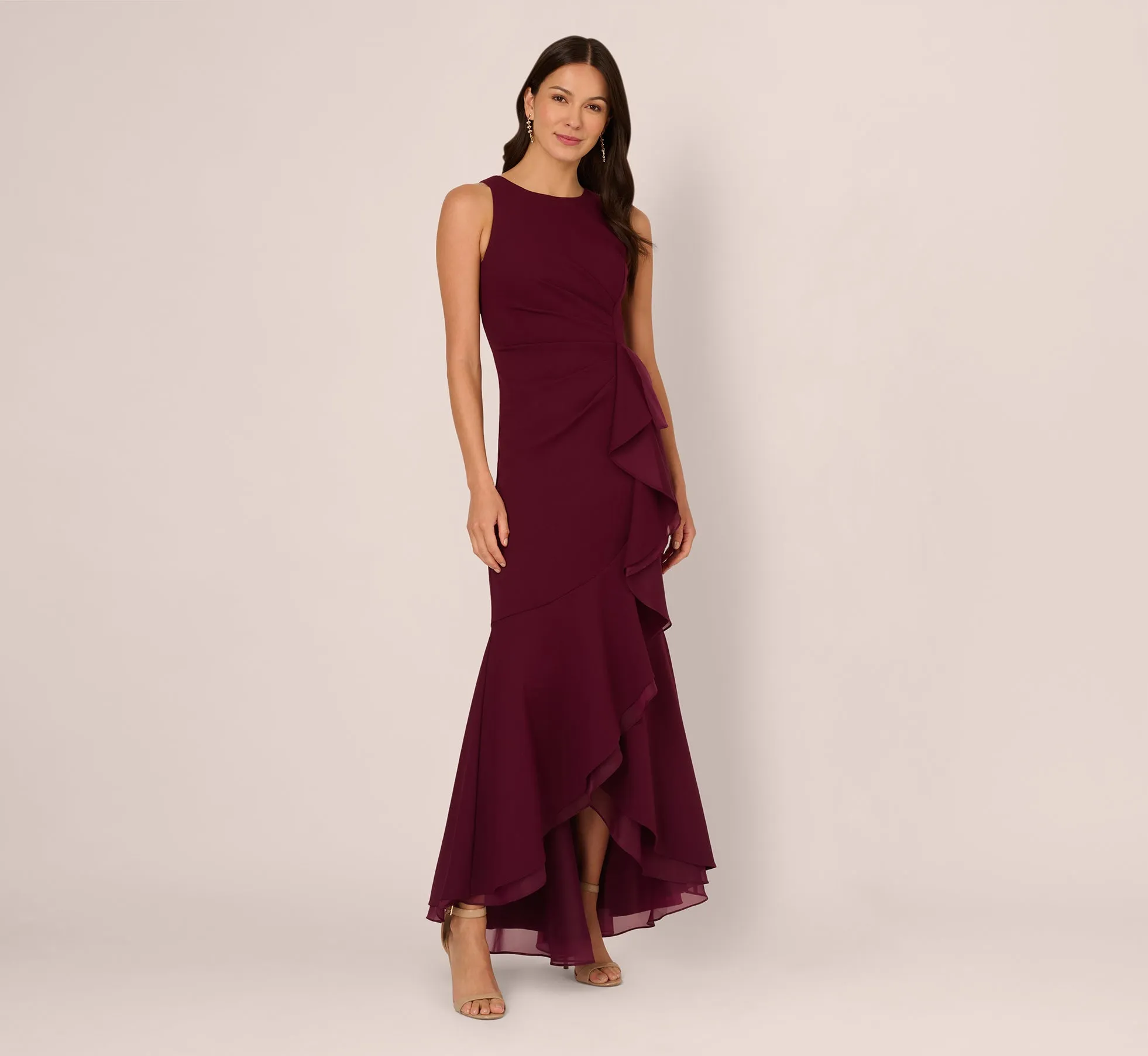 High Low Crepe Halter Gown With Organza Draping In Cabernet sold by Adrianna Papell product image thumbnail 2
