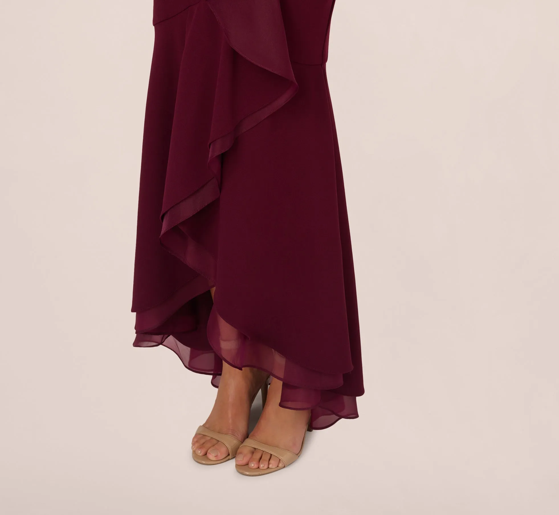High Low Crepe Halter Gown With Organza Draping In Cabernet sold by Adrianna Papell product image thumbnail 4