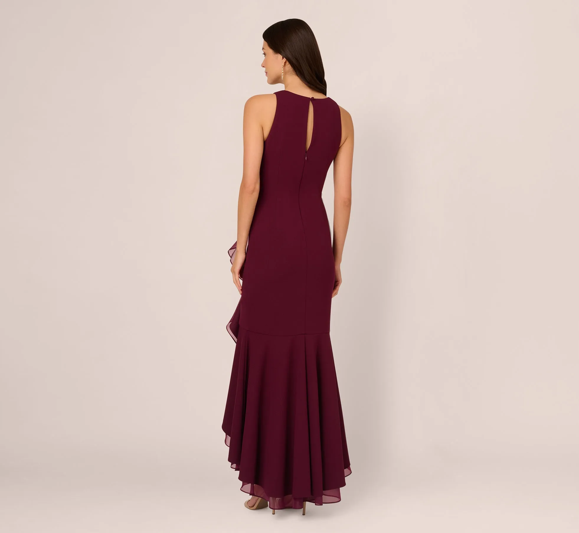 High Low Crepe Halter Gown With Organza Draping In Cabernet sold by Adrianna Papell product image thumbnail 5