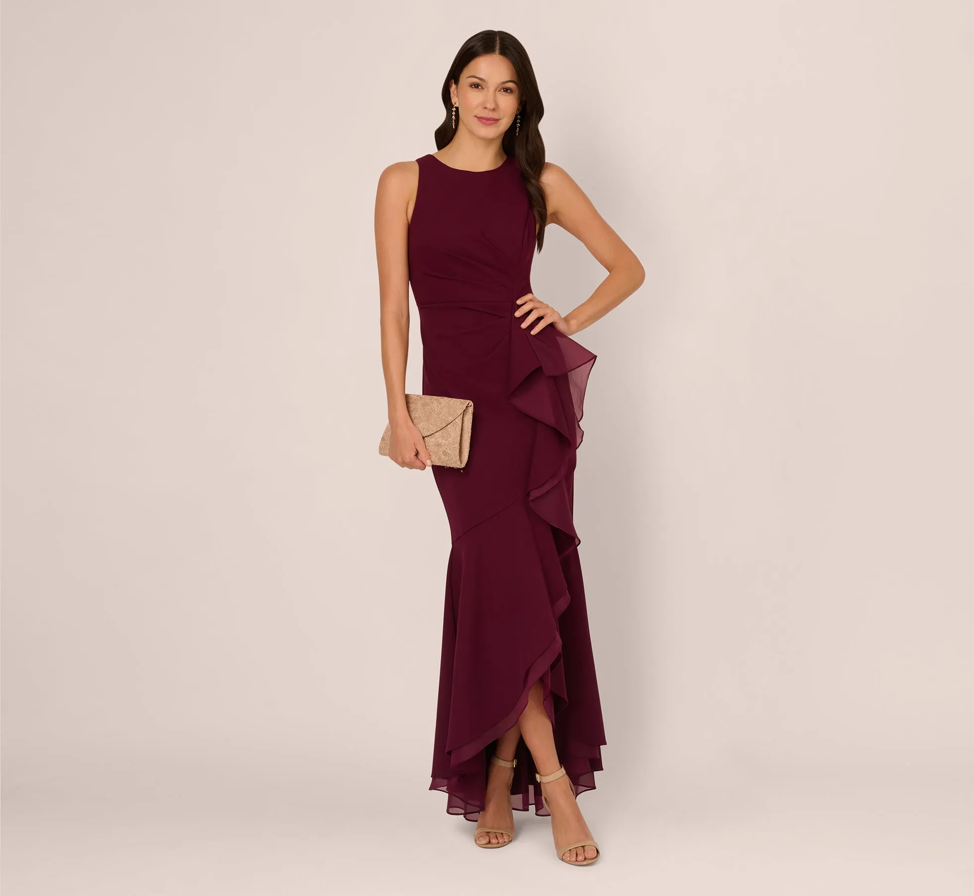 High Low Crepe Halter Gown With Organza Draping In Cabernet sold by Adrianna Papell