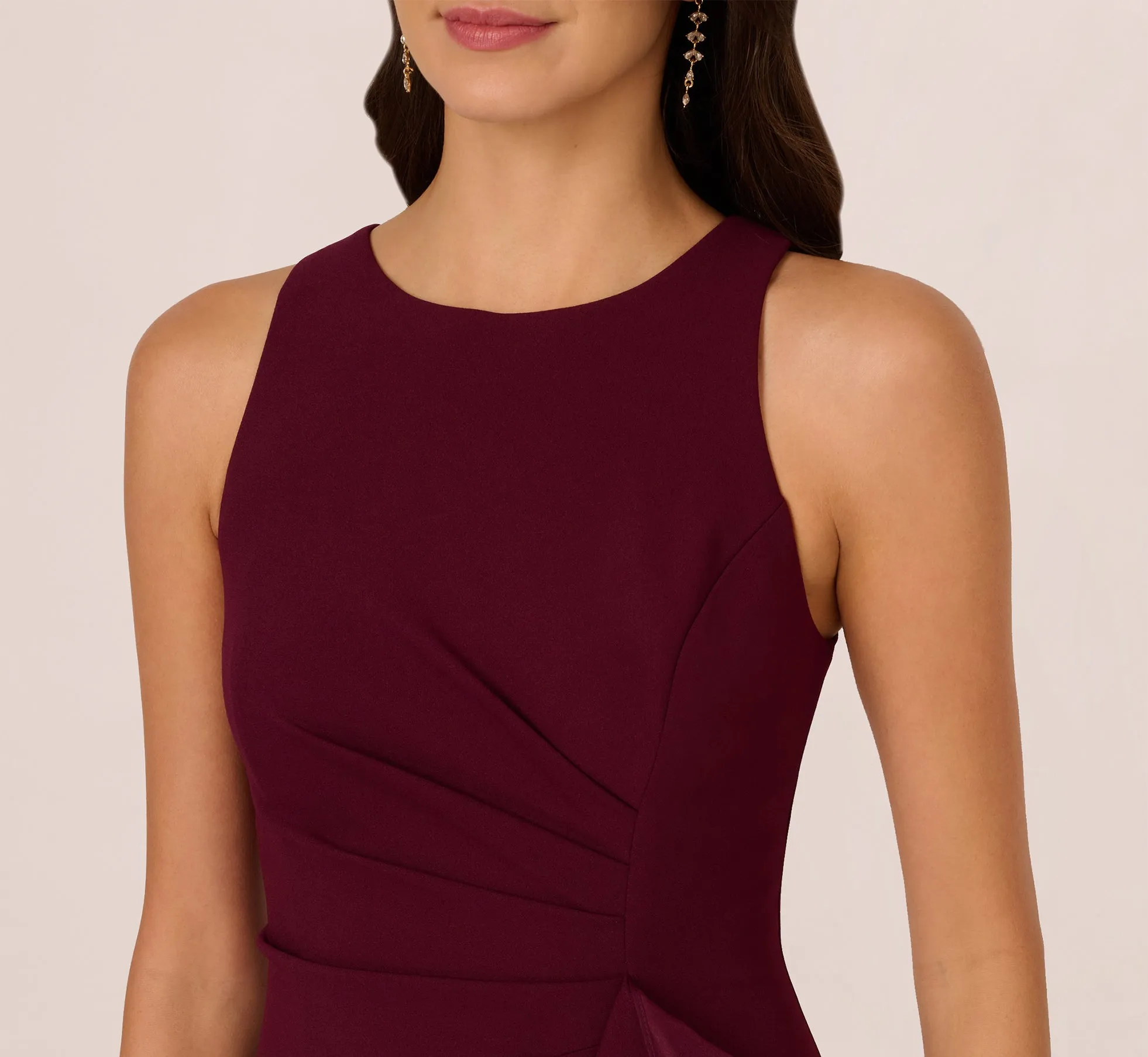 High Low Crepe Halter Gown With Organza Draping In Cabernet sold by Adrianna Papell product image thumbnail 3