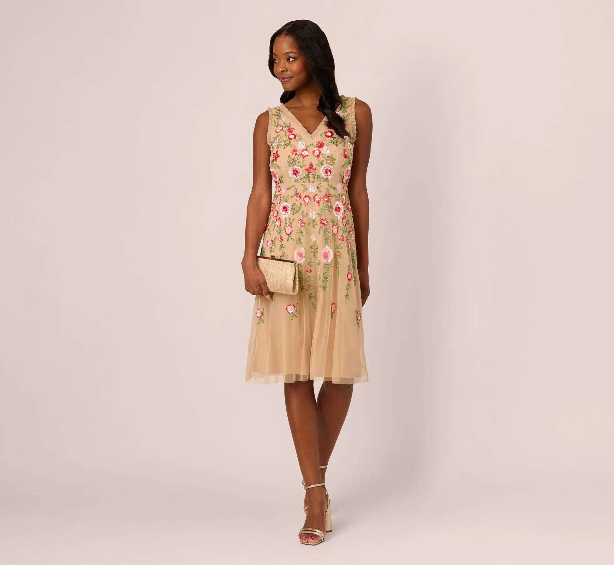 Sleeveless Fringe Trim Floral Bead Midi Dress In Nude Multi sold by Adrianna Papell