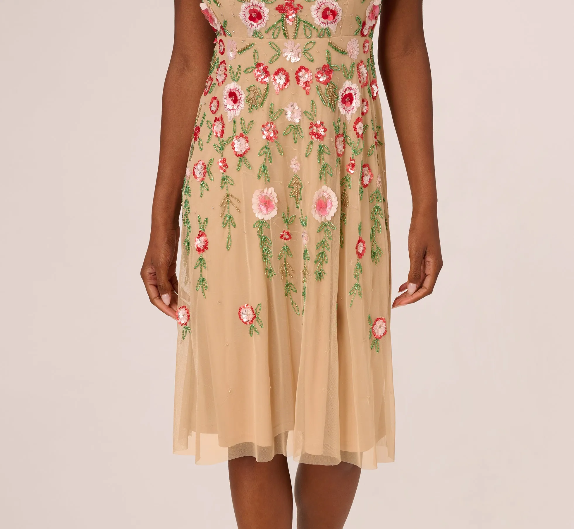 Sleeveless Fringe Trim Floral Bead Midi Dress In Nude Multi sold by Adrianna Papell product image thumbnail 4