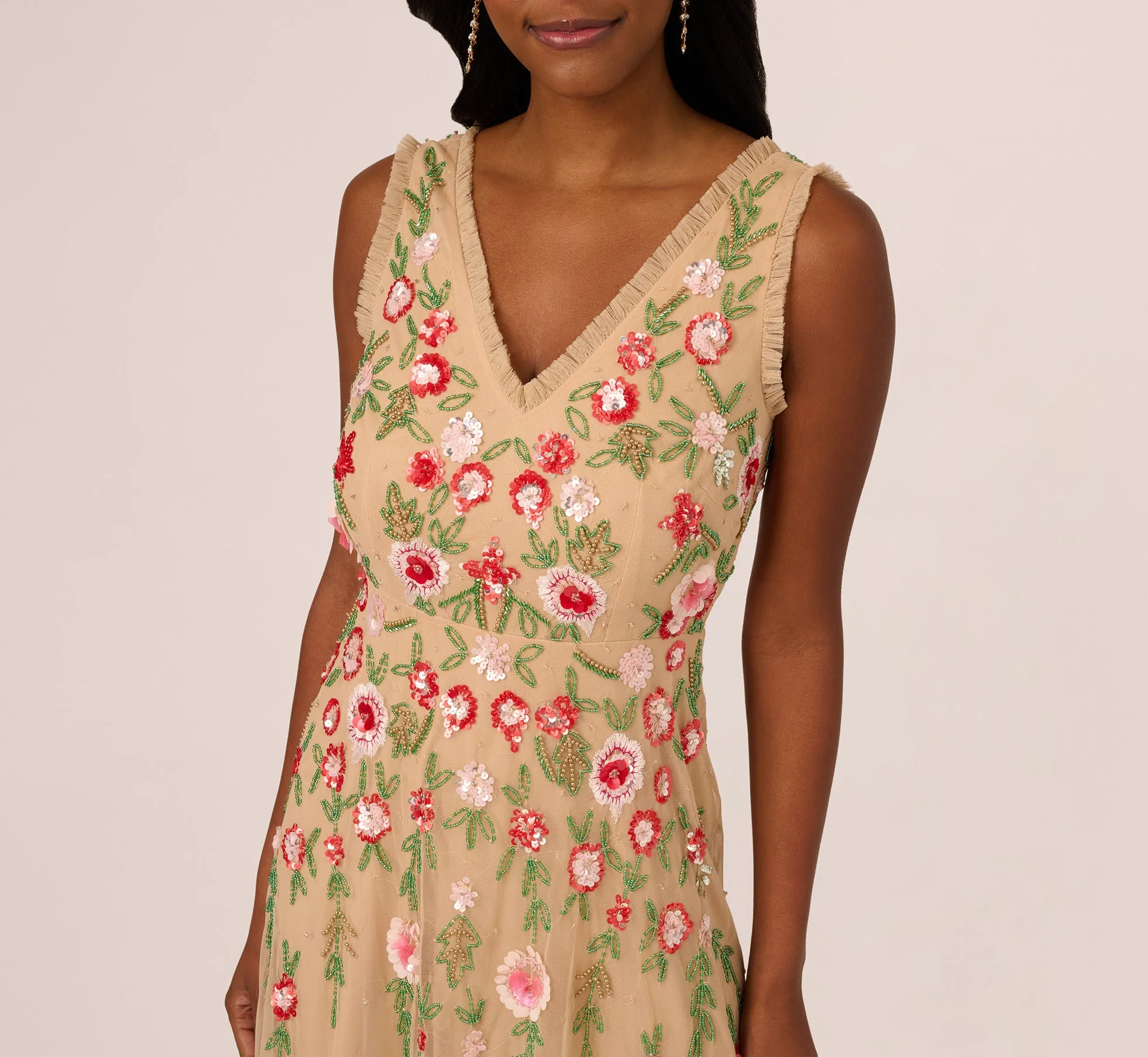 Sleeveless Fringe Trim Floral Bead Midi Dress In Nude Multi sold by Adrianna Papell product image thumbnail 3