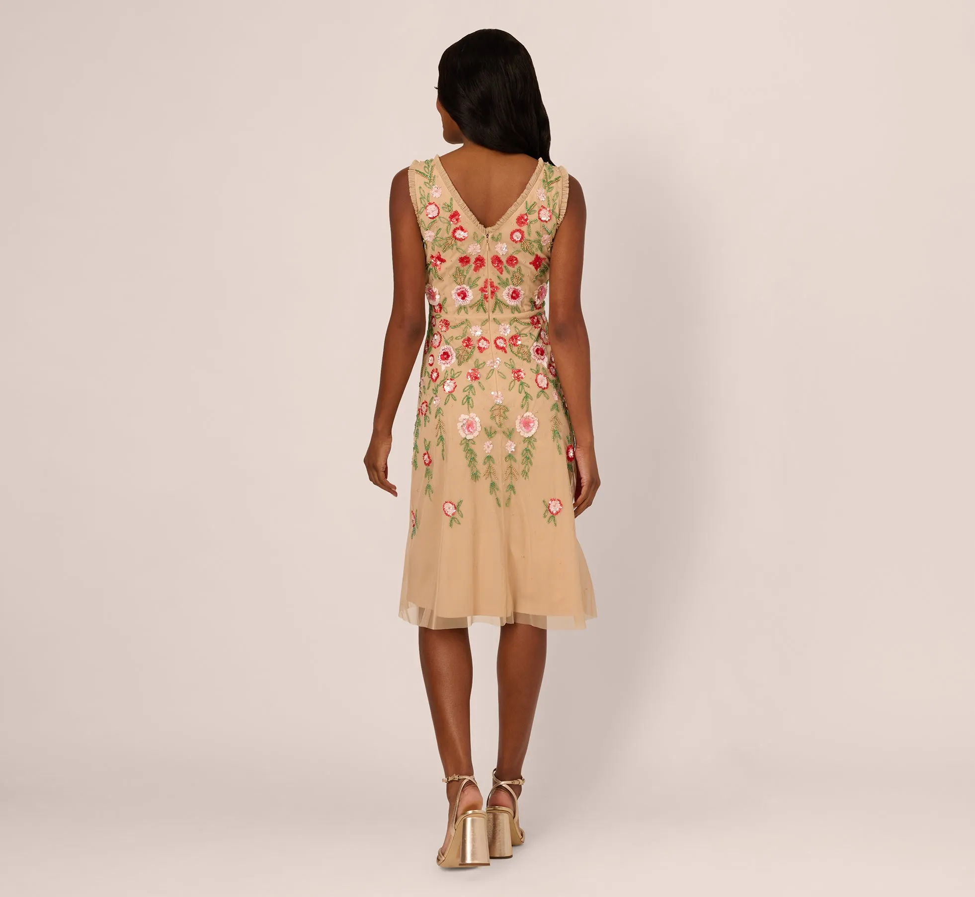 Sleeveless Fringe Trim Floral Bead Midi Dress In Nude Multi sold by Adrianna Papell product image thumbnail 5