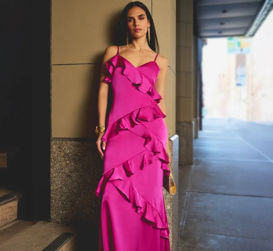 Satin Cascade Ruffle Slip Gown In Electric Passion sold by Adrianna Papell