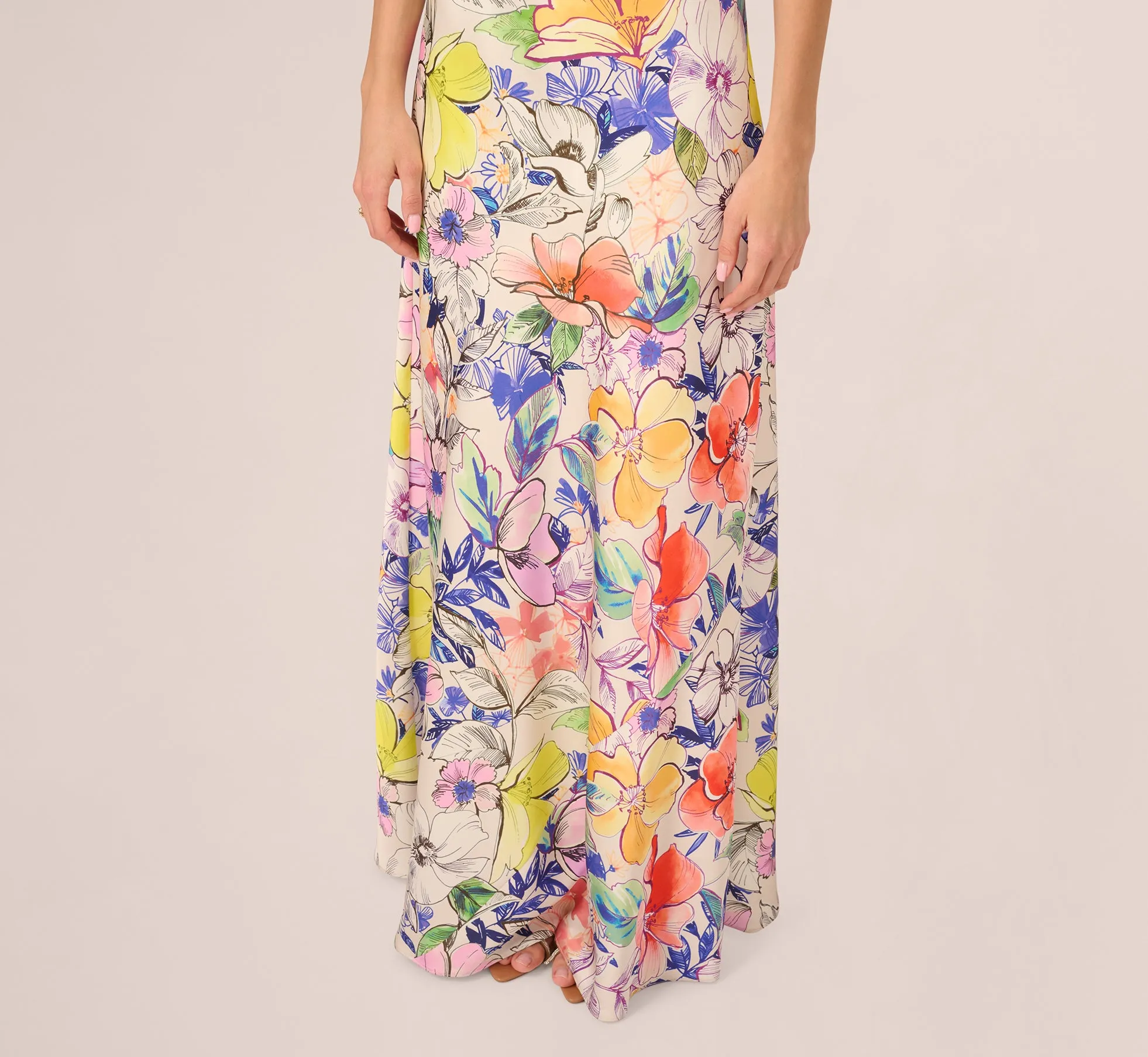 Bias Cut Floral Satin Halter Gown In Ivory Multi sold by Adrianna Papell product image thumbnail 5