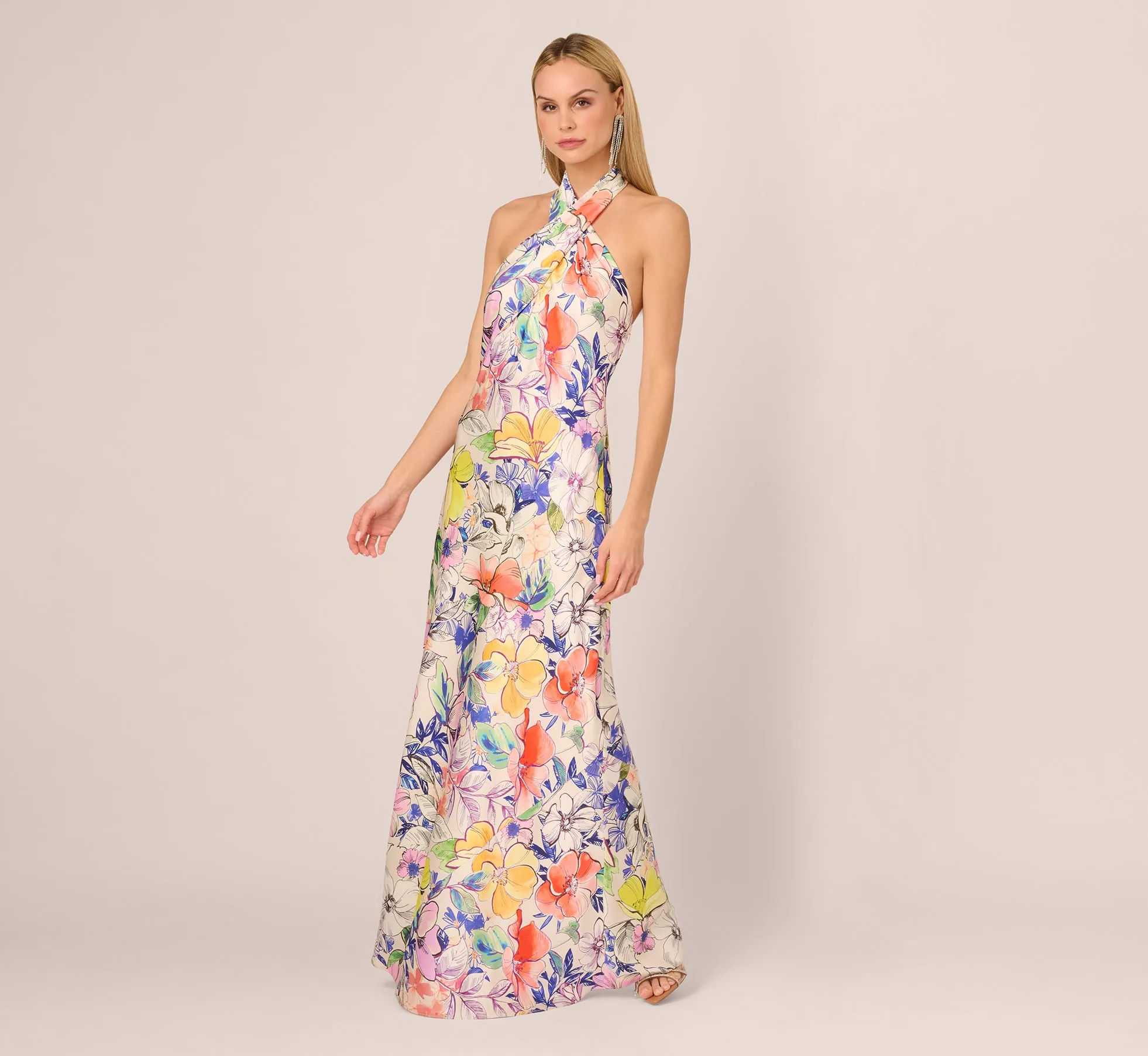 Bias Cut Floral Satin Halter Gown In Ivory Multi sold by Adrianna Papell product image thumbnail 3