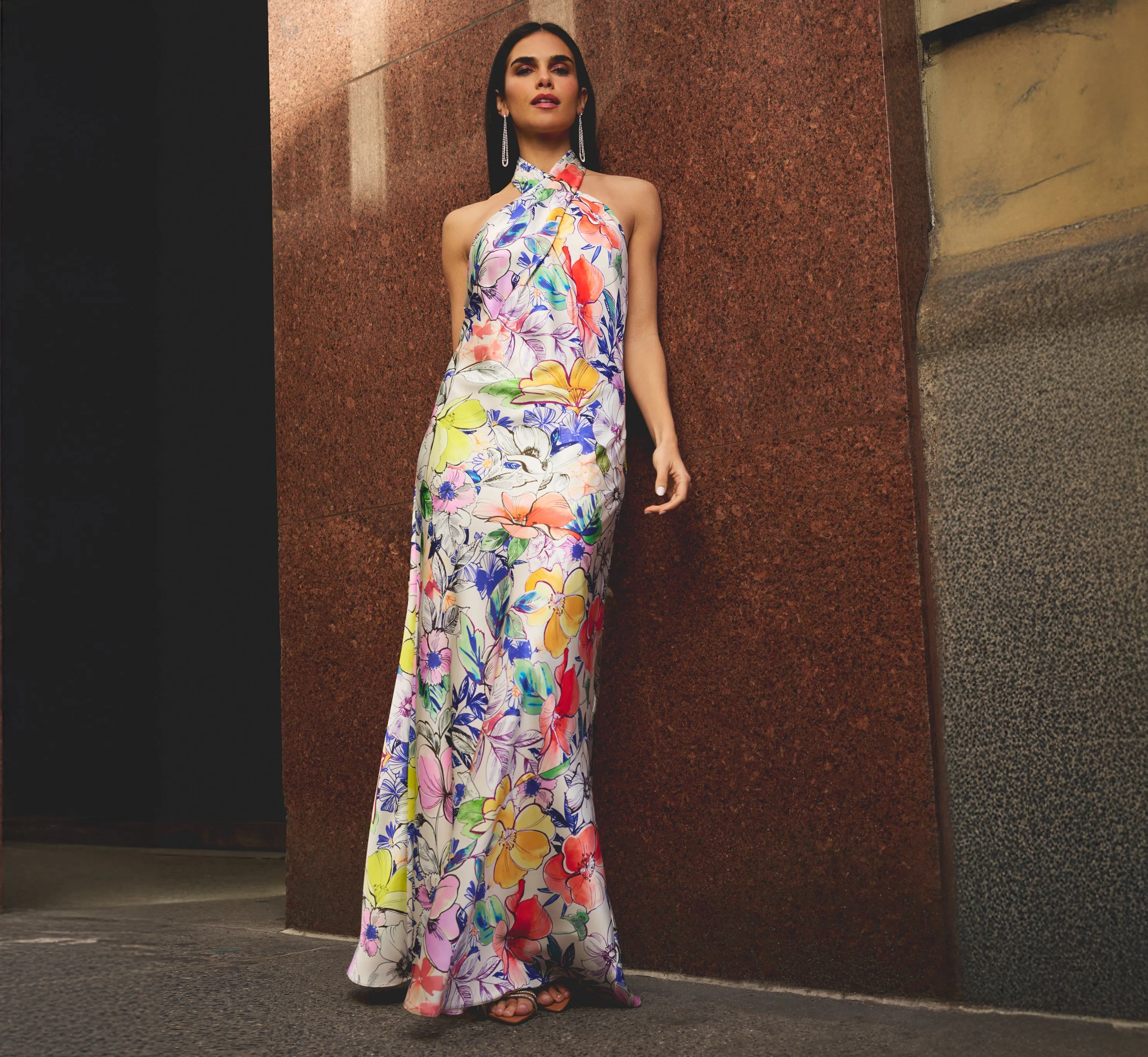 Bias Cut Floral Satin Halter Gown In Ivory Multi sold by Adrianna Papell