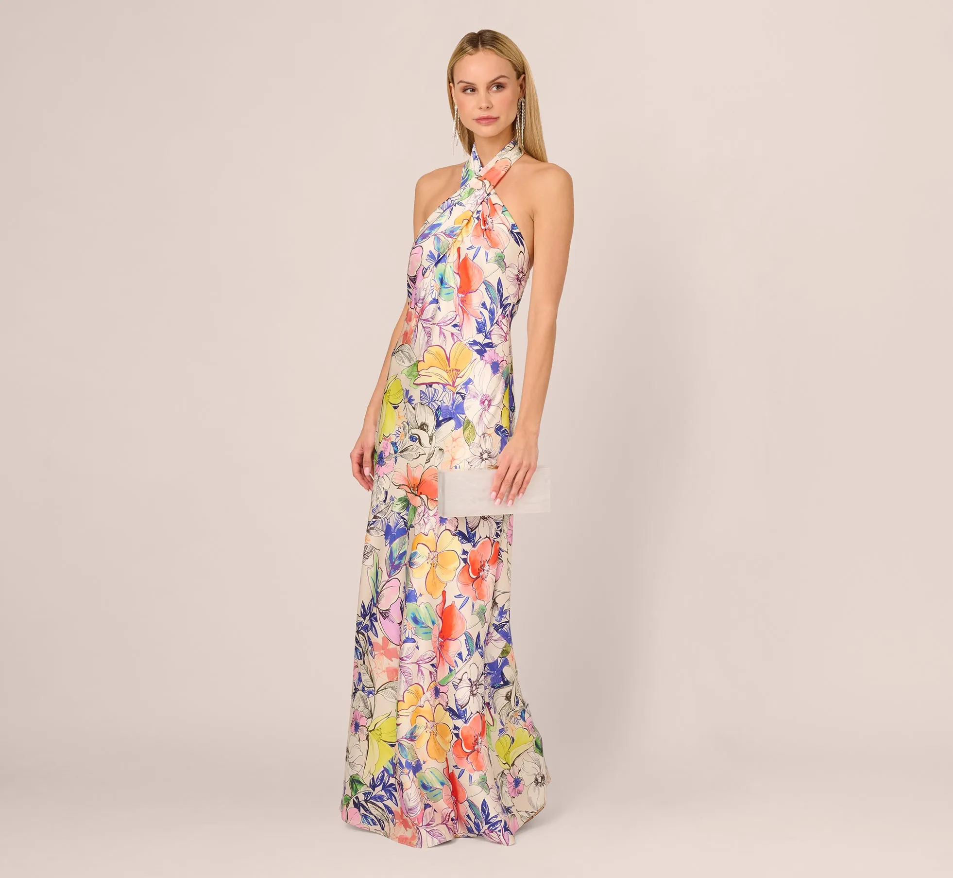 Bias Cut Floral Satin Halter Gown In Ivory Multi sold by Adrianna Papell product image thumbnail 2