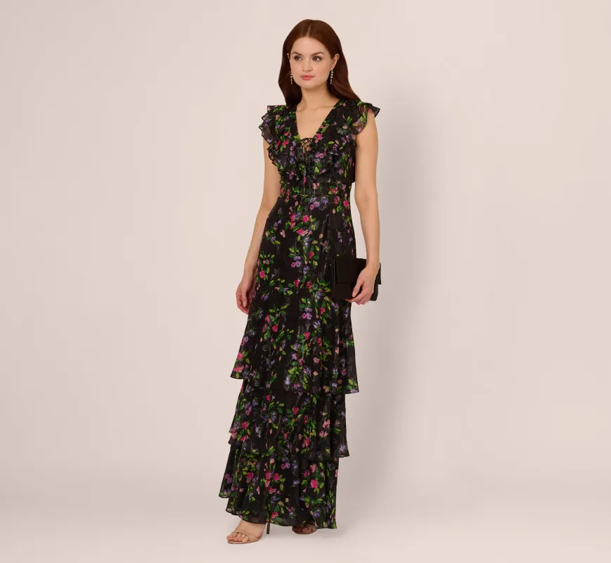 Floral Tiered Chiffon Gown With Flutter Sleeves In Black Multi sold by Adrianna Papell