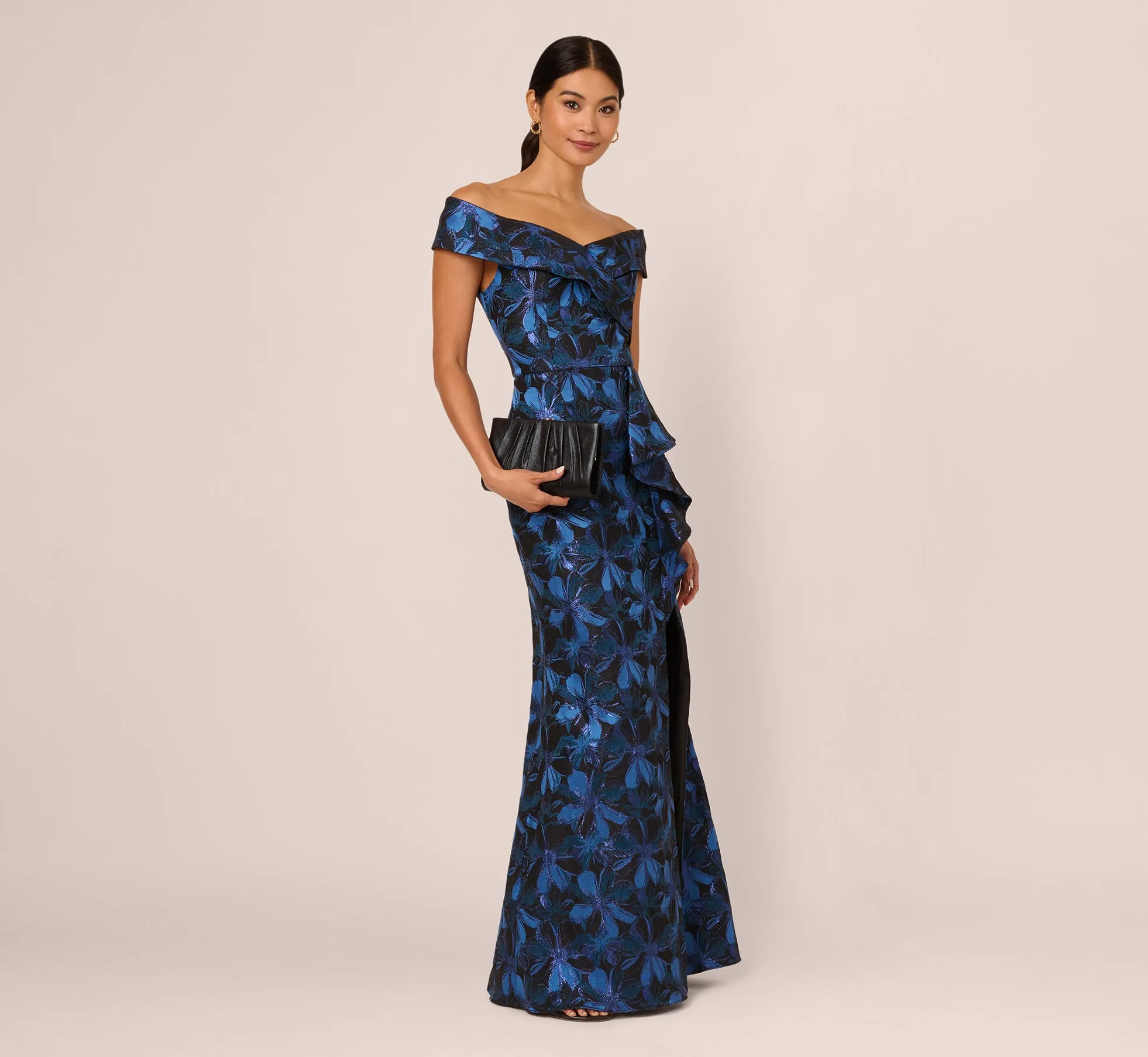 Off Shoulder Jacquard Gown In Blue Multi sold by Adrianna Papell
