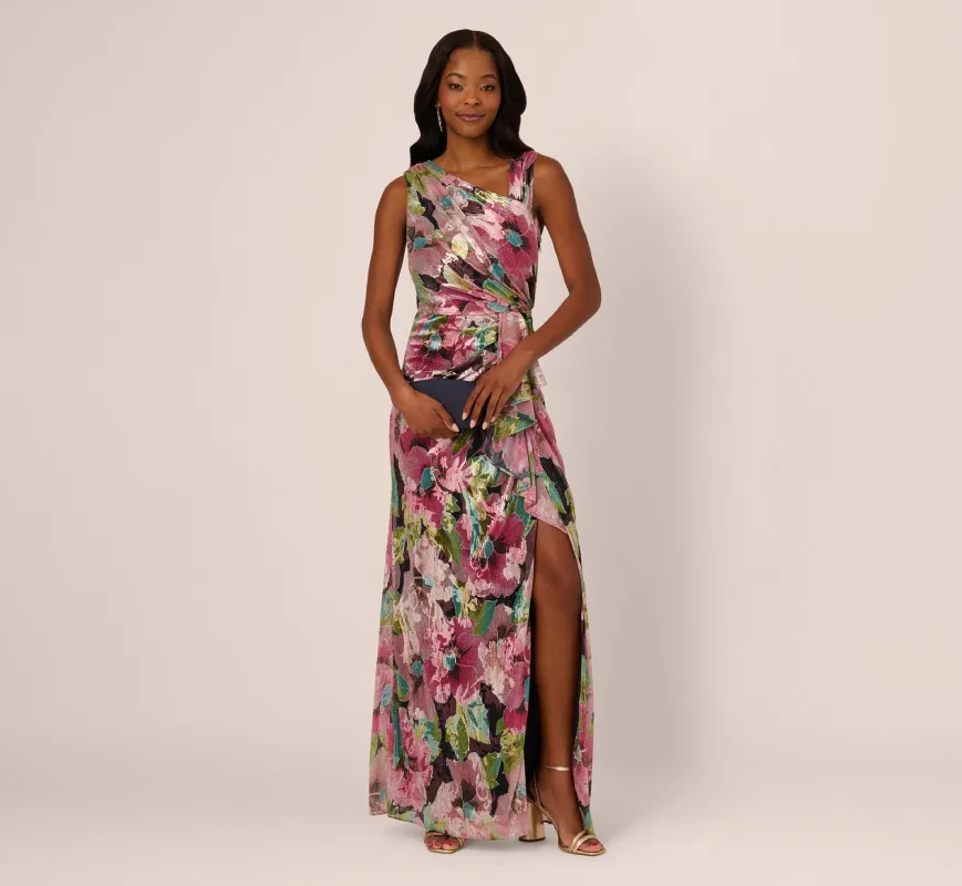 Sleeveless Asymmetrical Metallic Floral Gown In Navy Pink Multi sold by Adrianna Papell
