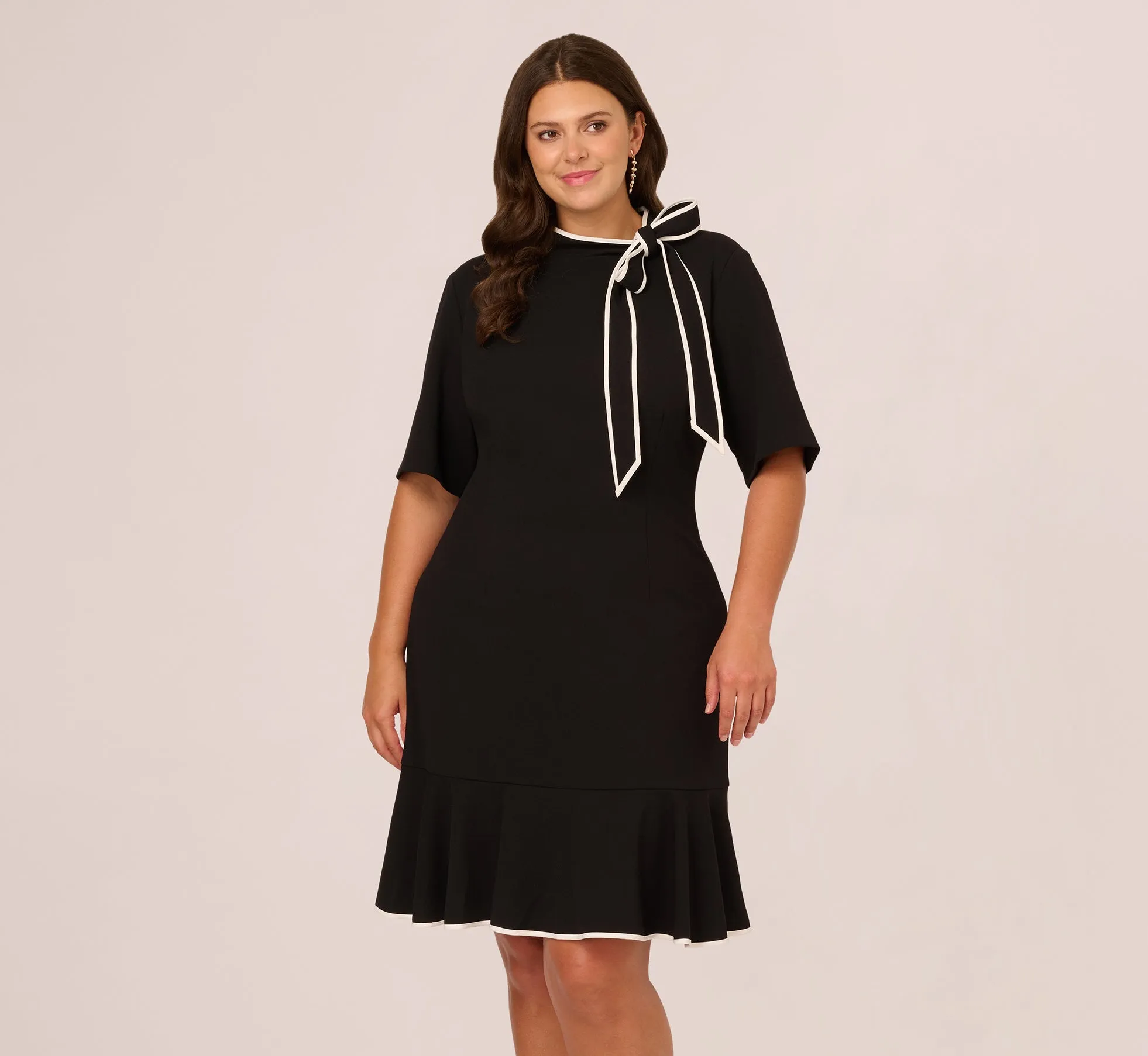 Plus Size Mock Neck Dress With Contrasting Bowtie In Black Ivory sold by Adrianna Papell product image thumbnail 2