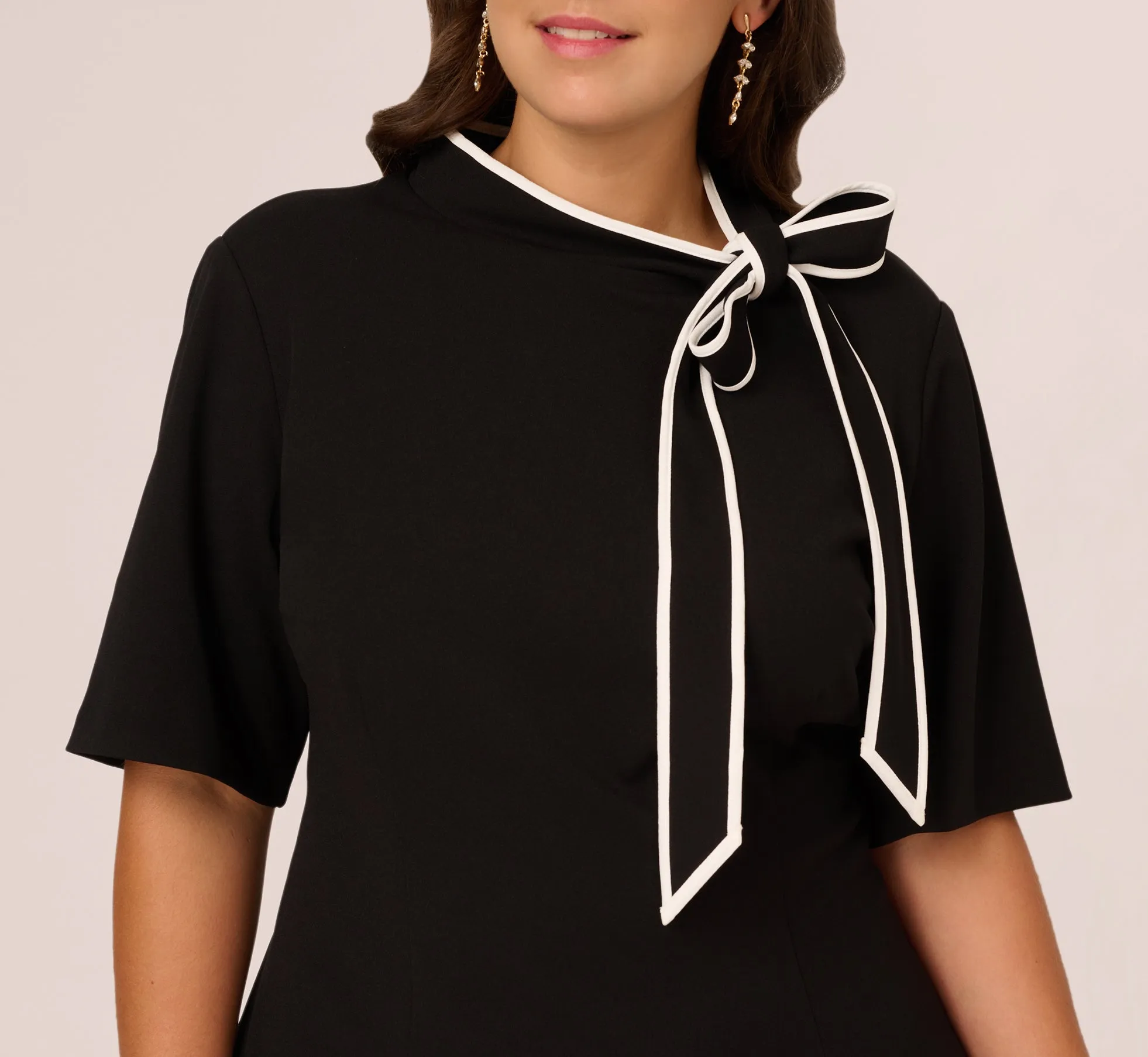 Plus Size Mock Neck Dress With Contrasting Bowtie In Black Ivory sold by Adrianna Papell product image thumbnail 4