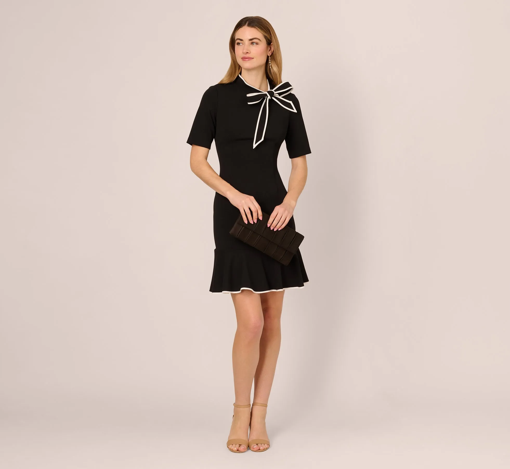 Mock Neck Dress With Contrasting Bowtie In Black Ivory sold by Adrianna Papell