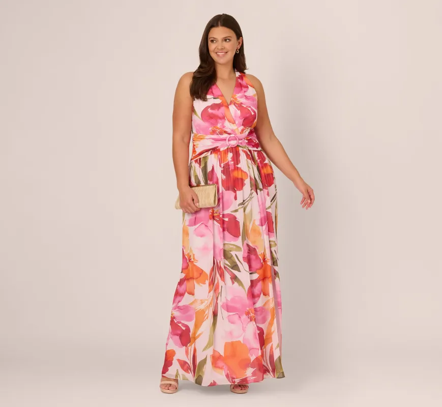 Plus Size Sleeveless Surplice Floral Chiffon Gown In Pink Orange Multi sold by Adrianna Papell