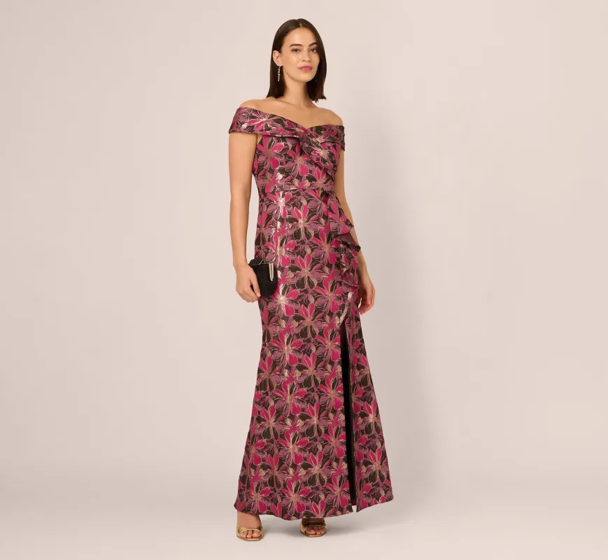 Off Shoulder Jacquard Gown In Fuchsia Multi sold by Adrianna Papell