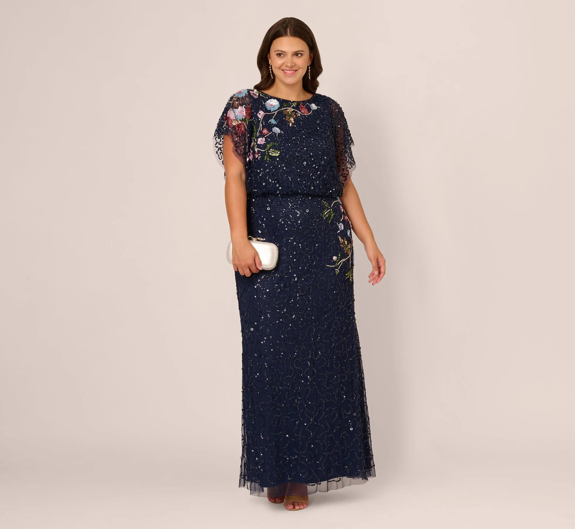 Plus Size Multicolor Floral Beaded Mermaid Gown With Dolman Sleeves In Midnight Multi sold by Adrianna Papell
