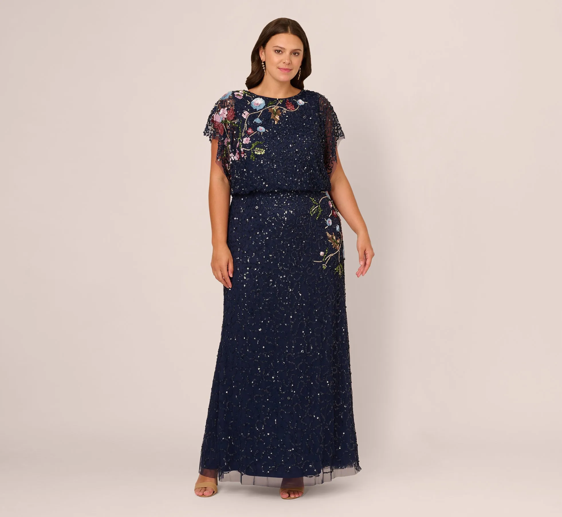 Plus Size Multicolor Floral Beaded Mermaid Gown With Dolman Sleeves In Midnight Multi sold by Adrianna Papell product image thumbnail 2