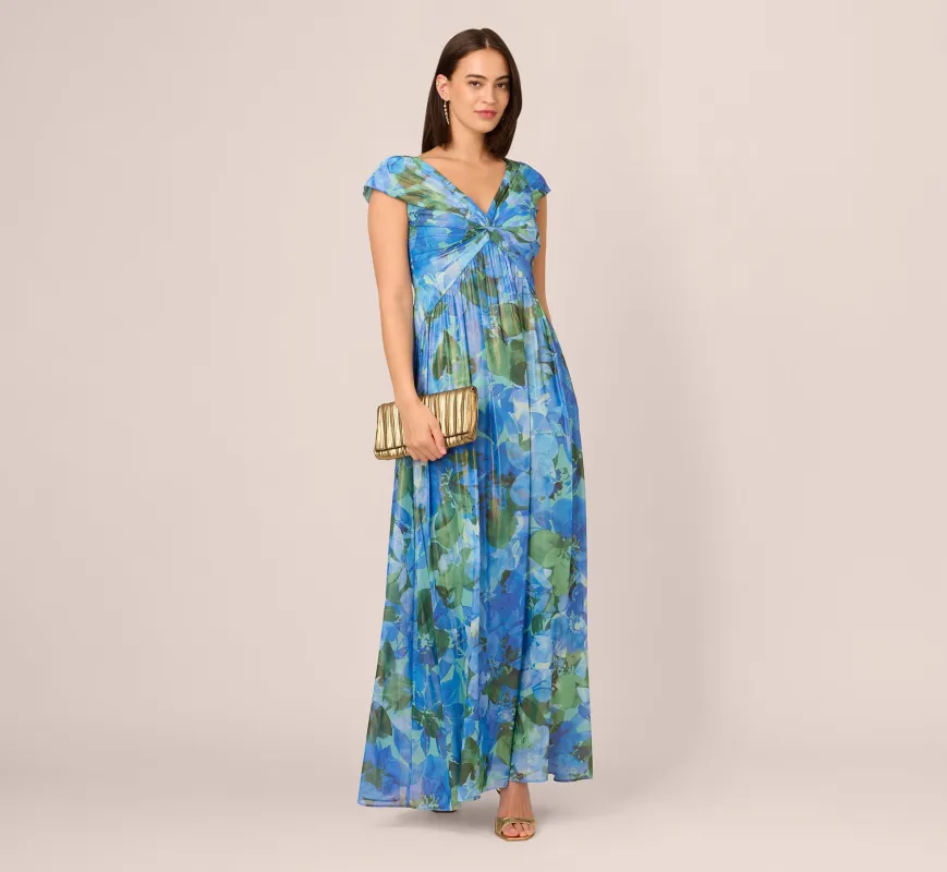 Printed Front Twist Gown In Green Blue Multi made by Adrianna Papell