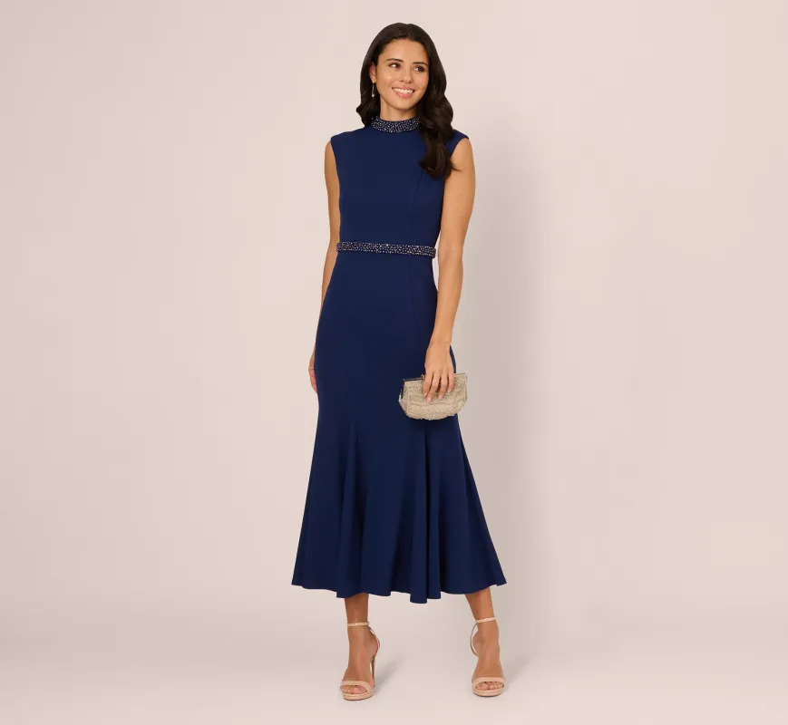 Sleeveless Mock Neck Pearly Midi Dress In Navy Sateen sold by Adrianna Papell