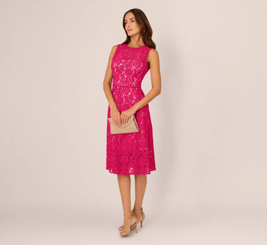 Sleeveless Lace Fit And Flare Dress With Sheer Details In Tropical Pink sold by Adrianna Papell