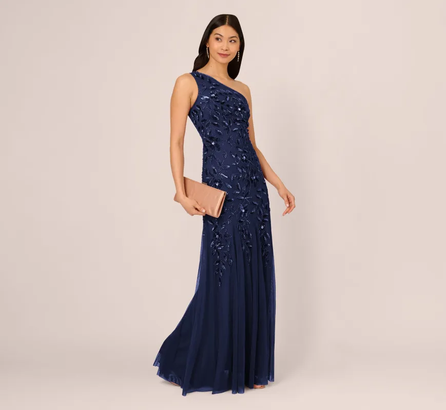 Floral Beaded One Shoulder Mermaid Gown With Godet Skirt In Light Navy sold by Adrianna Papell