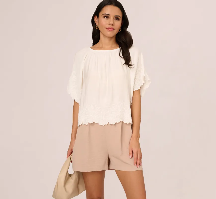Short Sleeve Semisheer Scalloped Embroidery Top In Ivory sold by Adrianna Papell