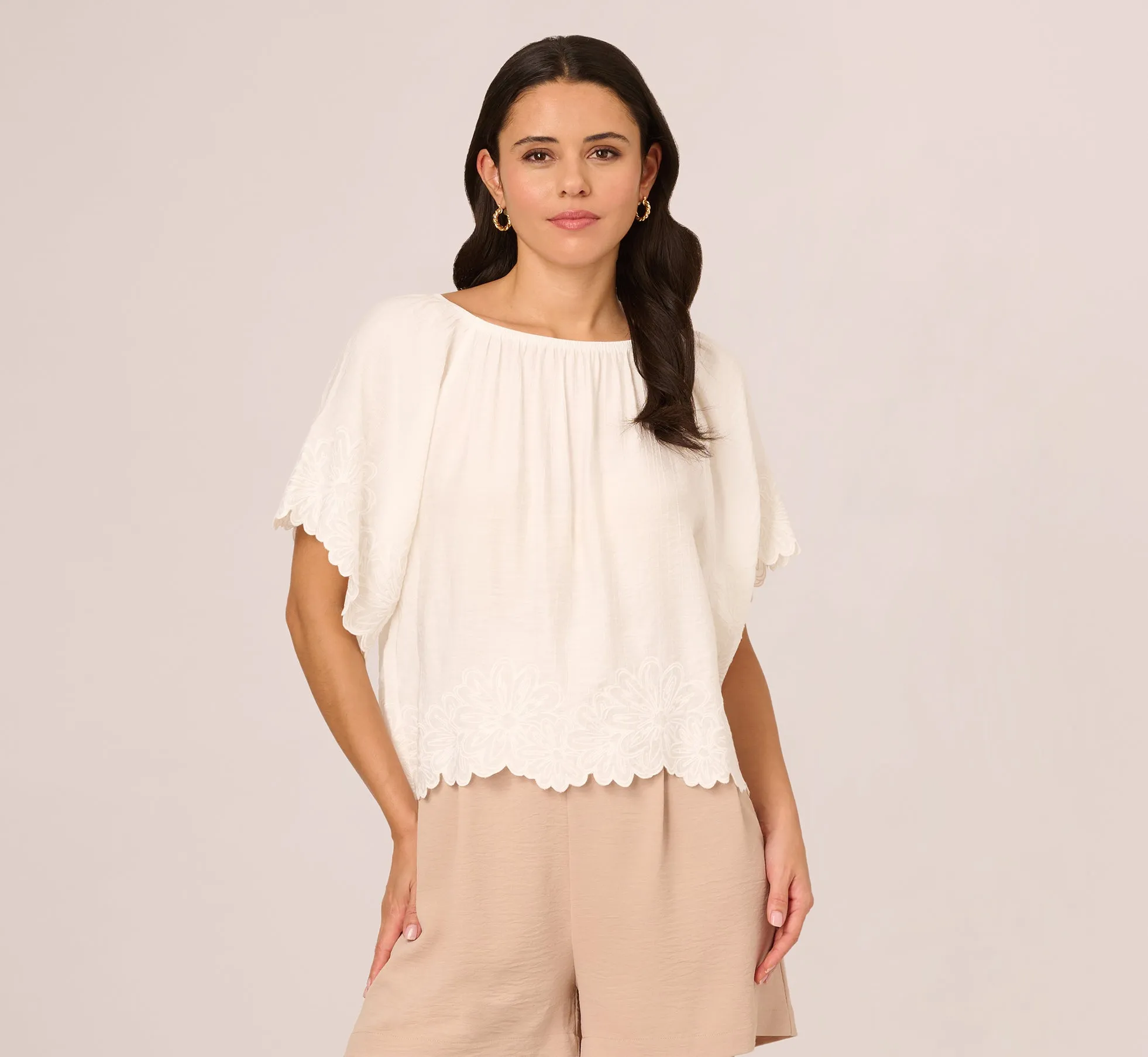 Short Sleeve Semisheer Scalloped Embroidery Top In Ivory sold by Adrianna Papell product image thumbnail 3