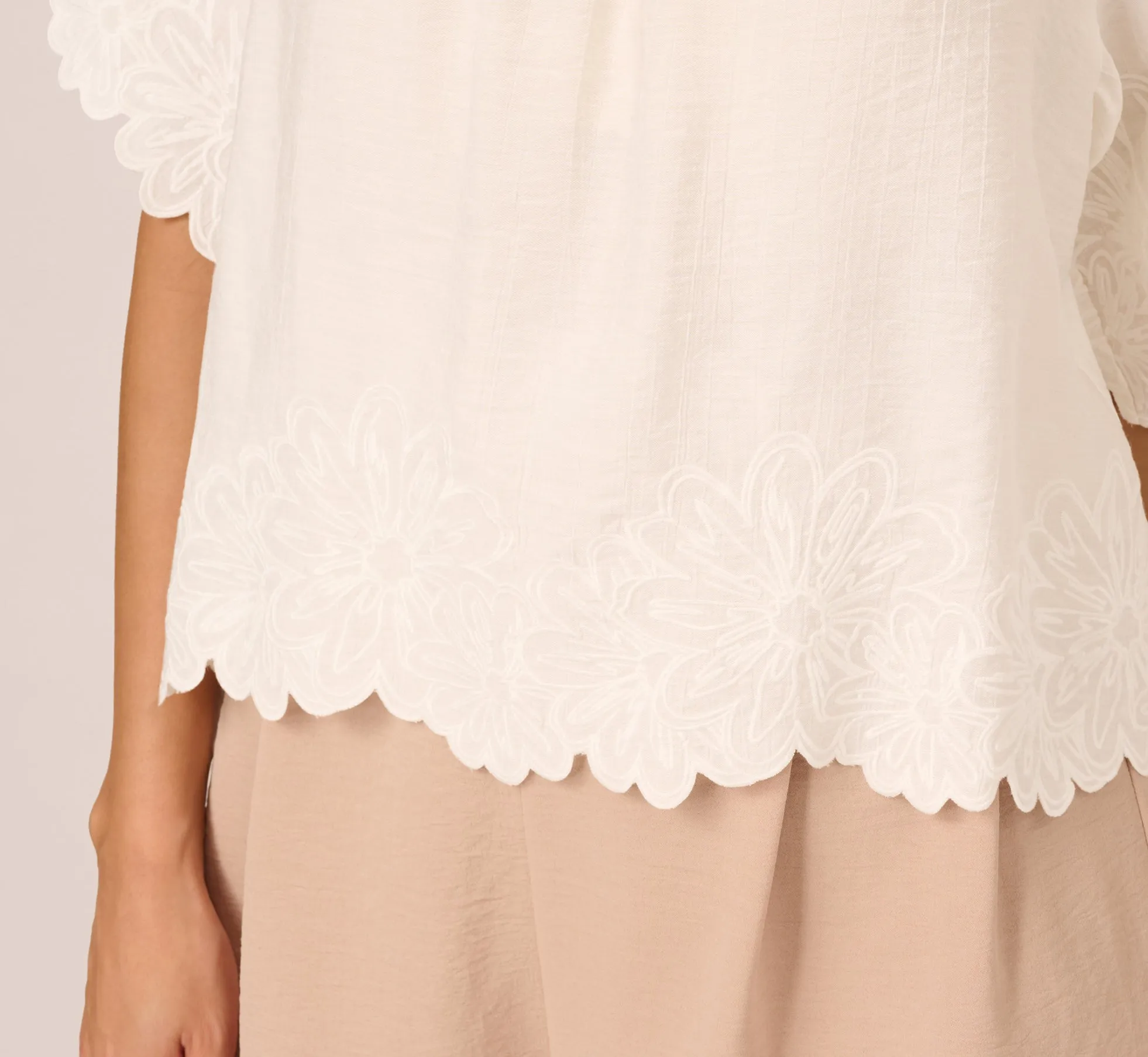 Short Sleeve Semisheer Scalloped Embroidery Top In Ivory sold by Adrianna Papell product image thumbnail 4