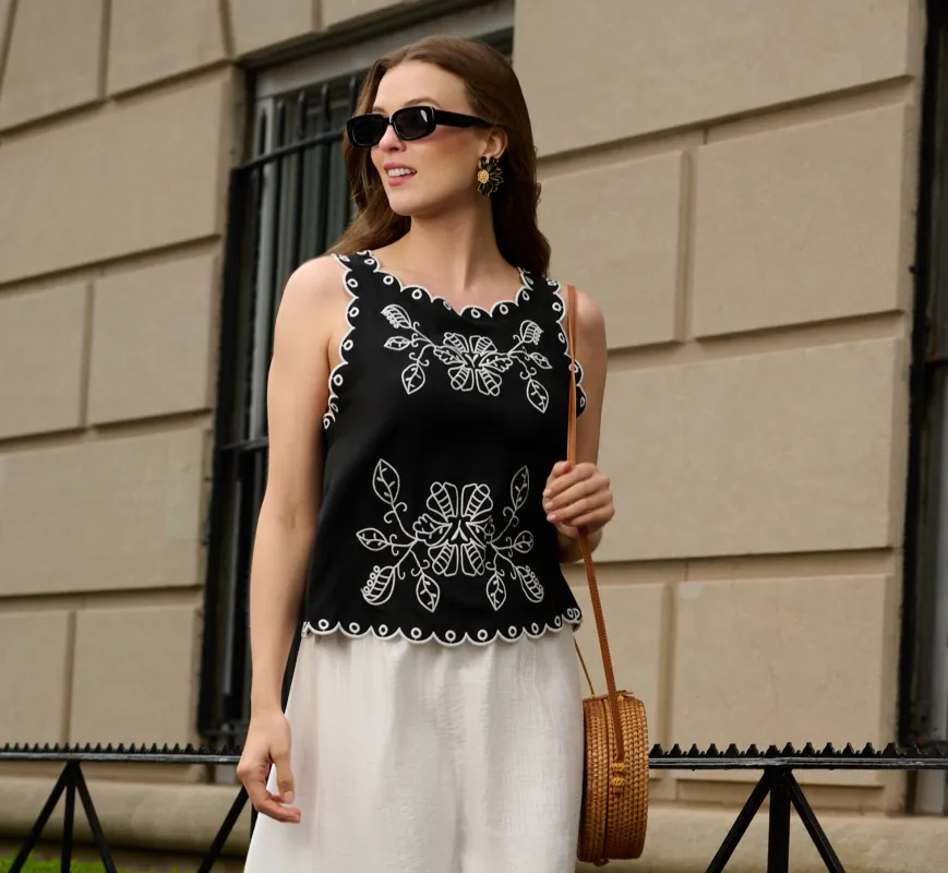 Sleeveless Cropped Floral Embroidered Top In Black Ivory sold by Adrianna Papell