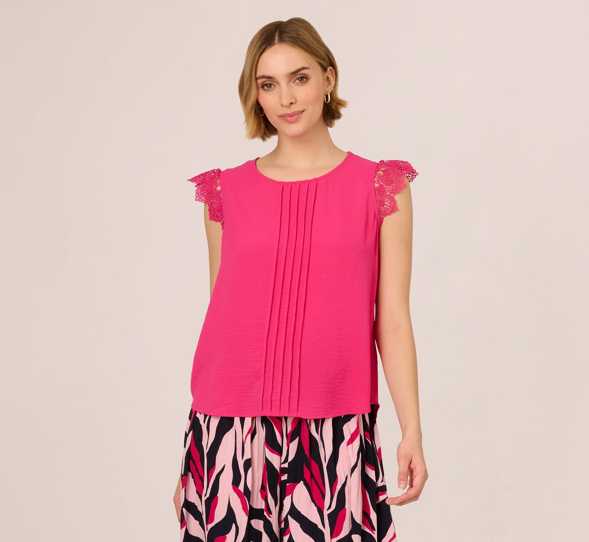 Sleeveless Lace Shoulder Pintucked Top In Hot Pink sold by Adrianna Papell product image thumbnail 4