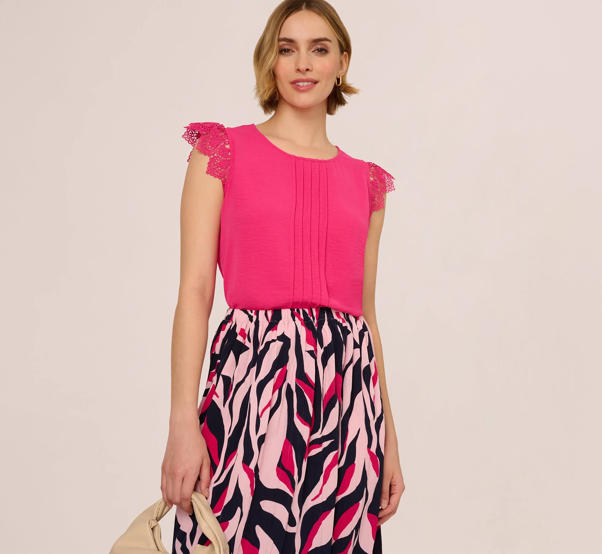 Sleeveless Lace Shoulder Pintucked Top In Hot Pink sold by Adrianna Papell product image thumbnail 2
