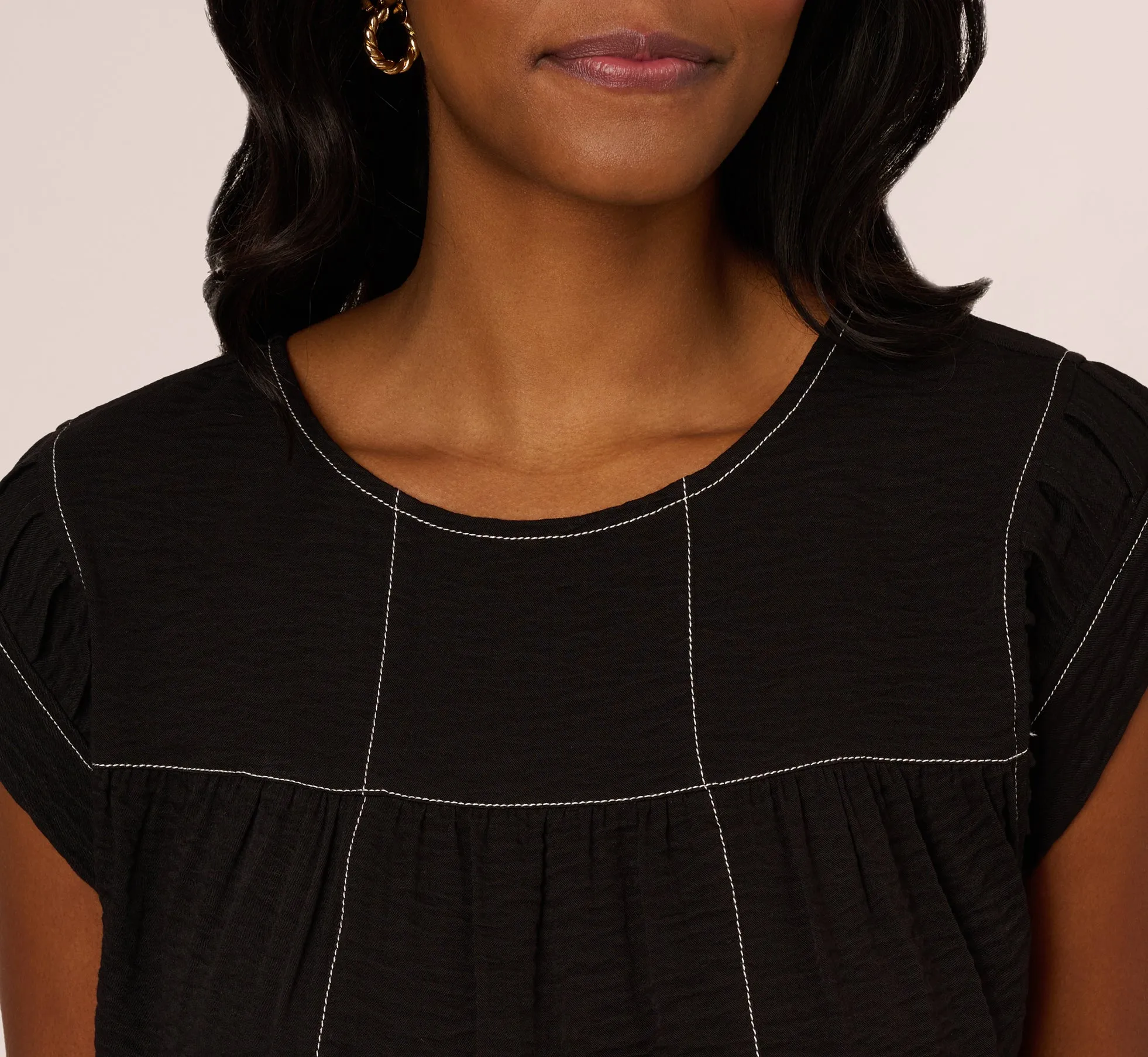 Extended Shoulder Contrast Stitch Yoke Top In Black Ivory sold by Adrianna Papell product image thumbnail 4