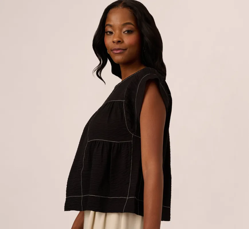 Extended Shoulder Contrast Stitch Yoke Top In Black Ivory sold by Adrianna Papell