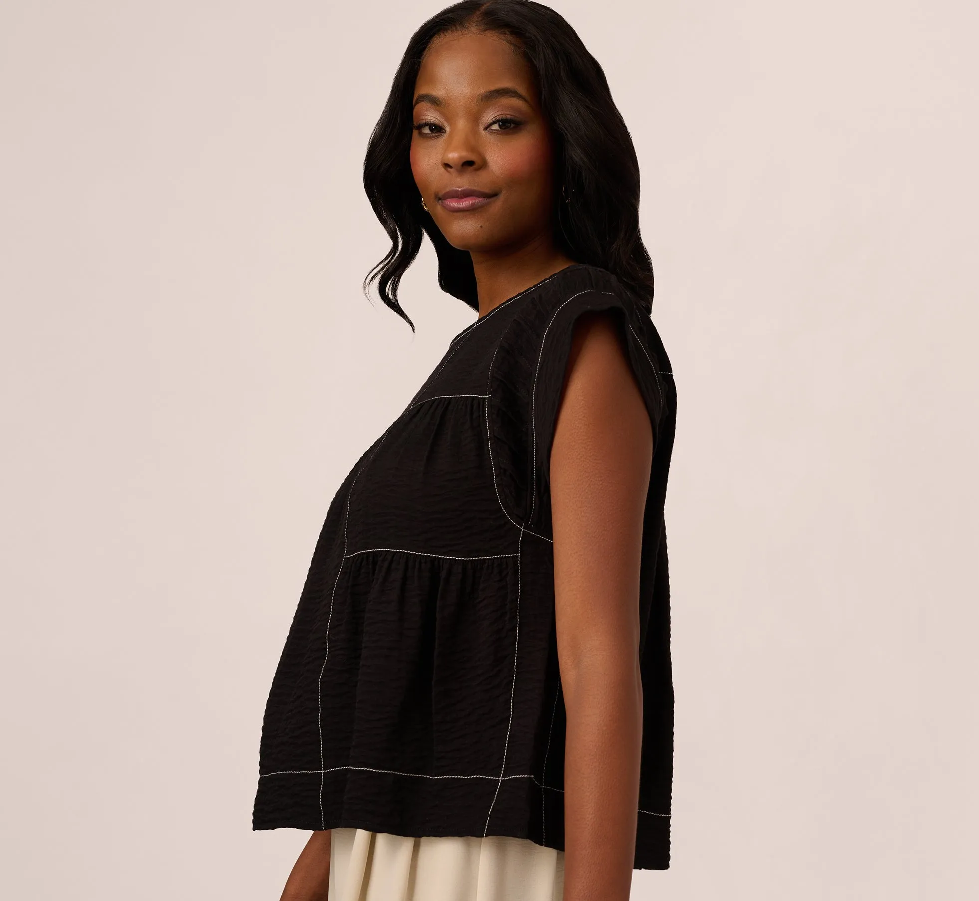 Extended Shoulder Contrast Stitch Yoke Top In Black Ivory sold by Adrianna Papell